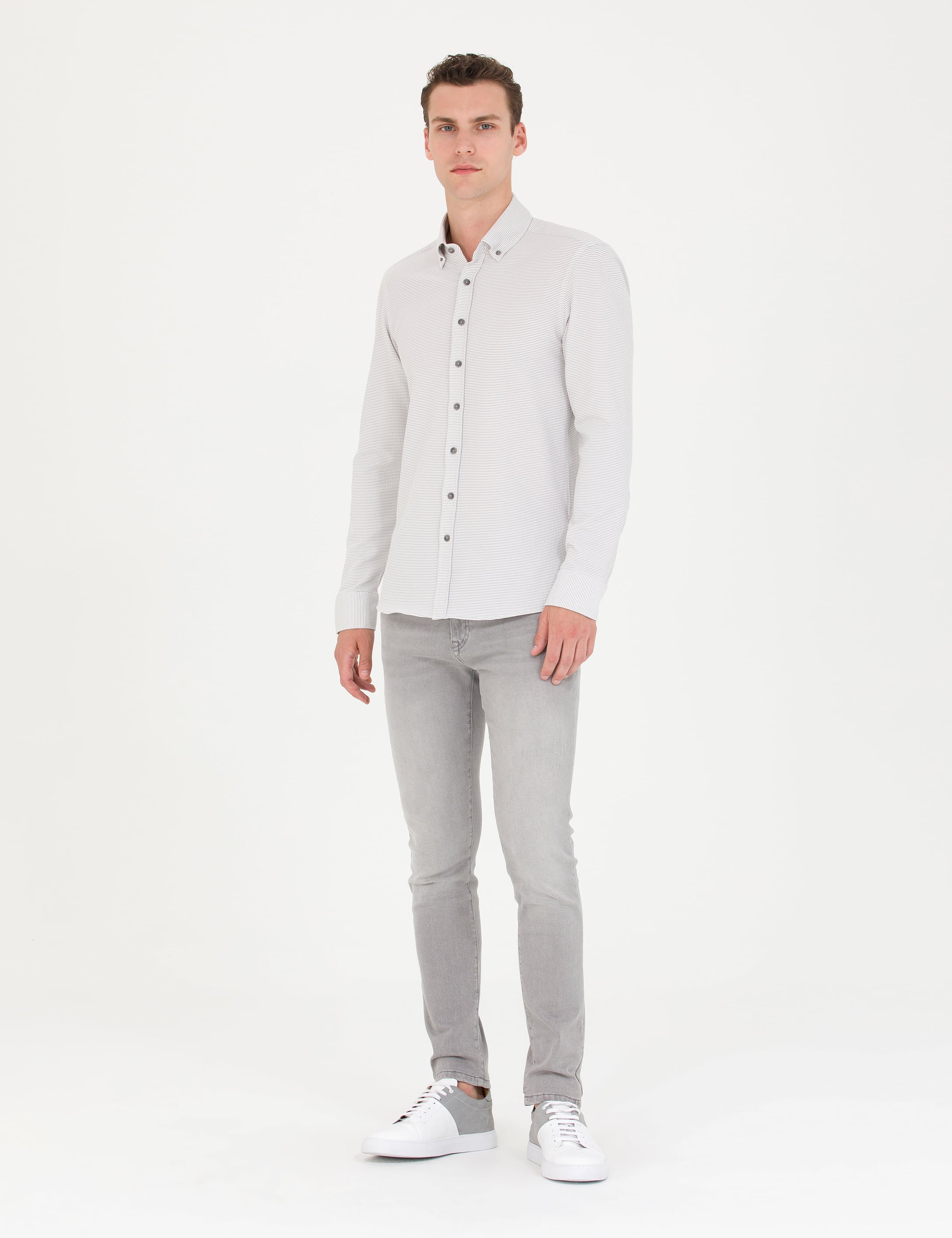 Açık Gri Slim Fit Uzun Kollu Gömlek - Image 4
