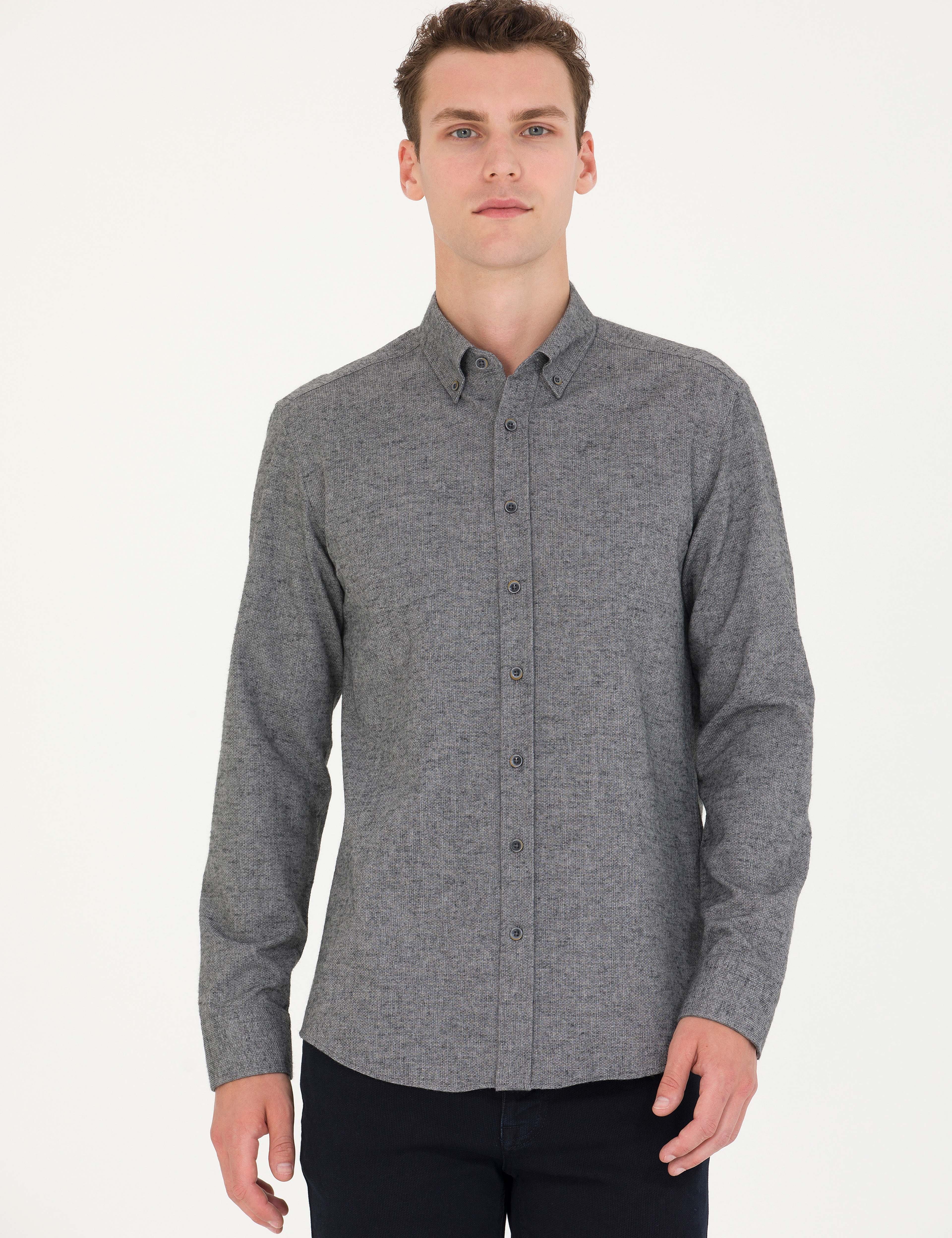 Gri Slim Fit Uzun Kollu Gömlek