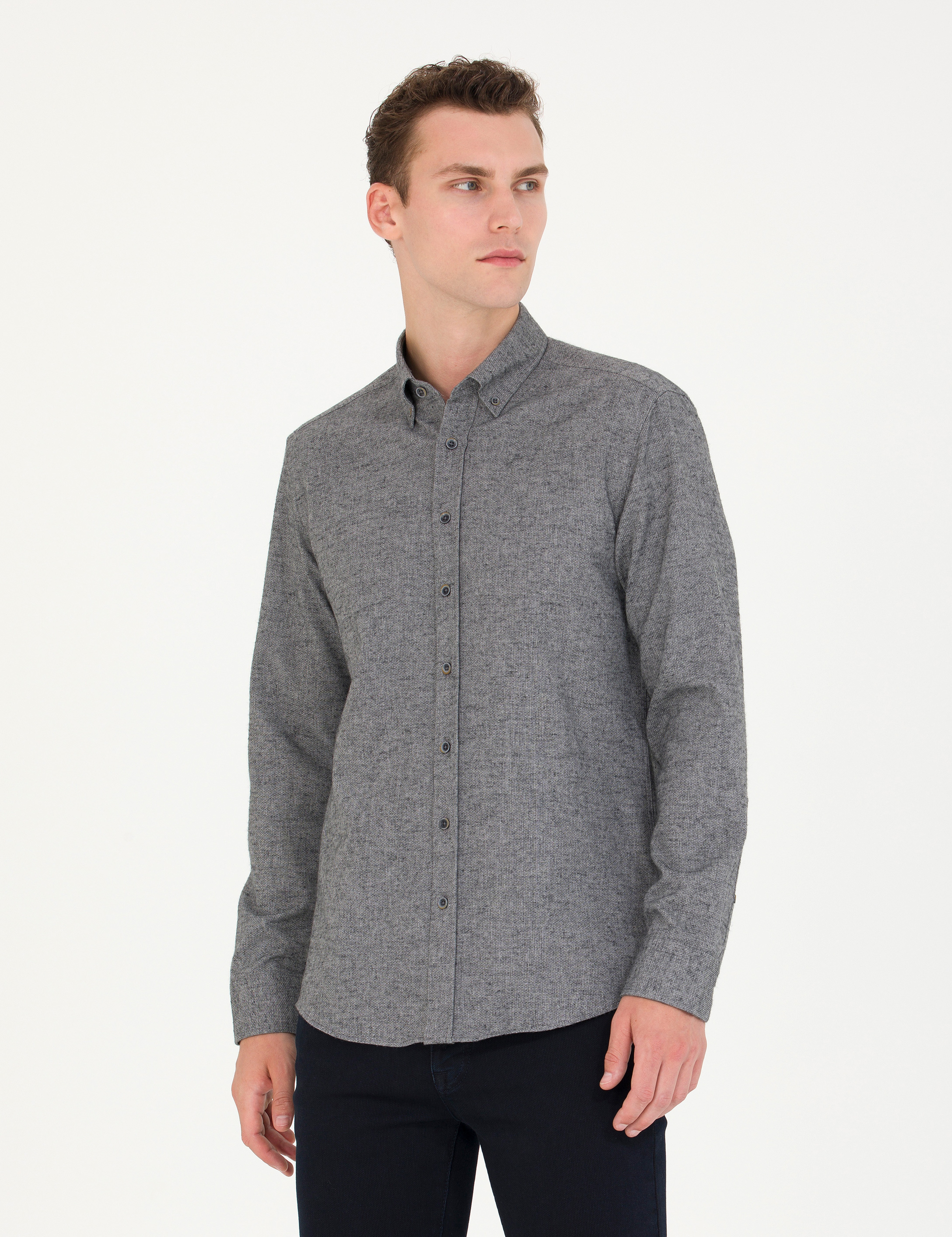 Gri Slim Fit Uzun Kollu Gömlek - Image 1