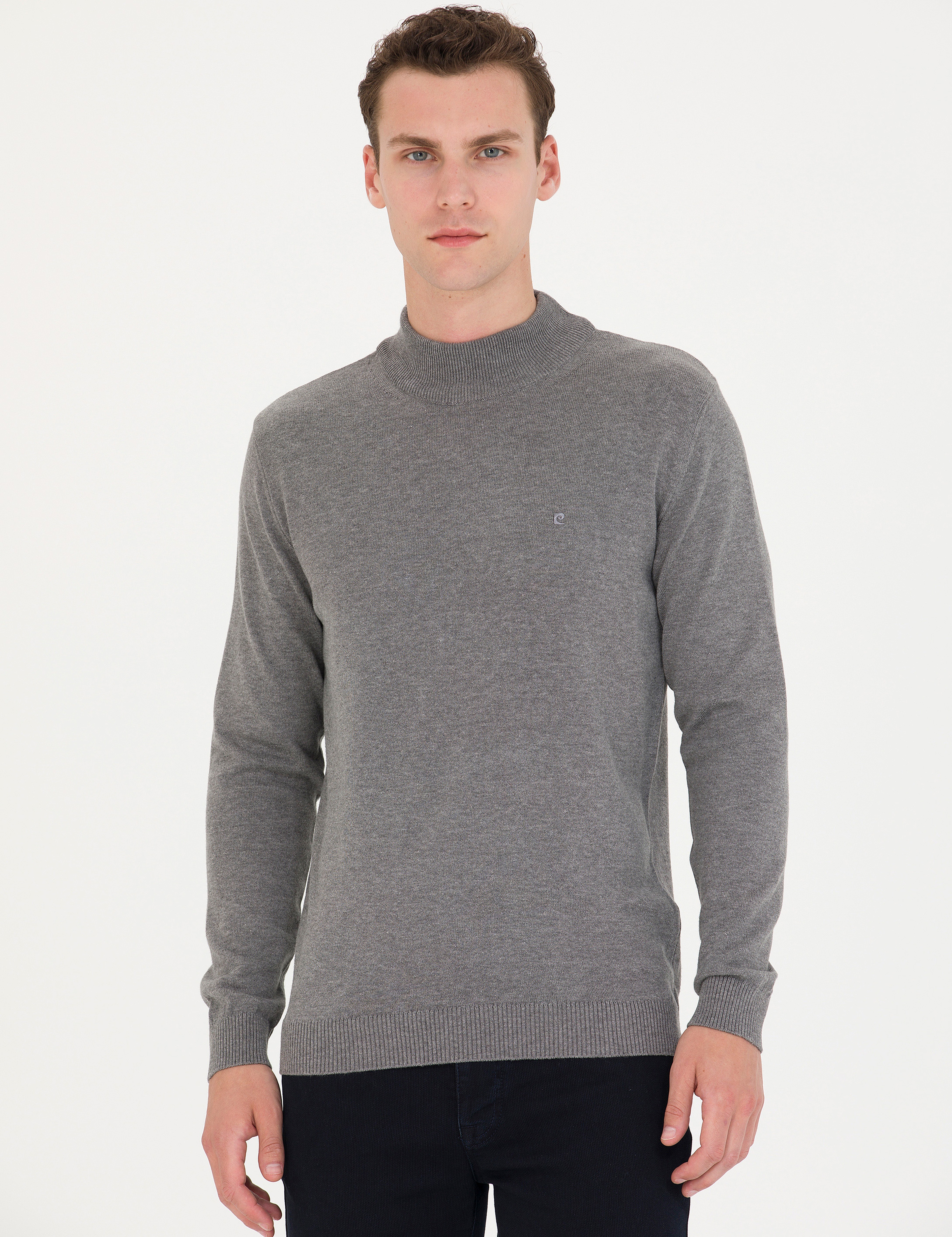 Gri Melanj Slim Fit Yarım Balıkçı Yaka Basic Triko Kazak