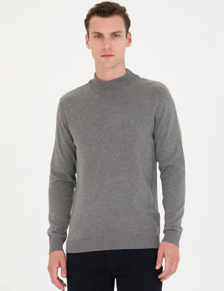 Gri Melanj Slim Fit Yarım Balıkçı Yaka Basic Triko Kazak - 50276161108