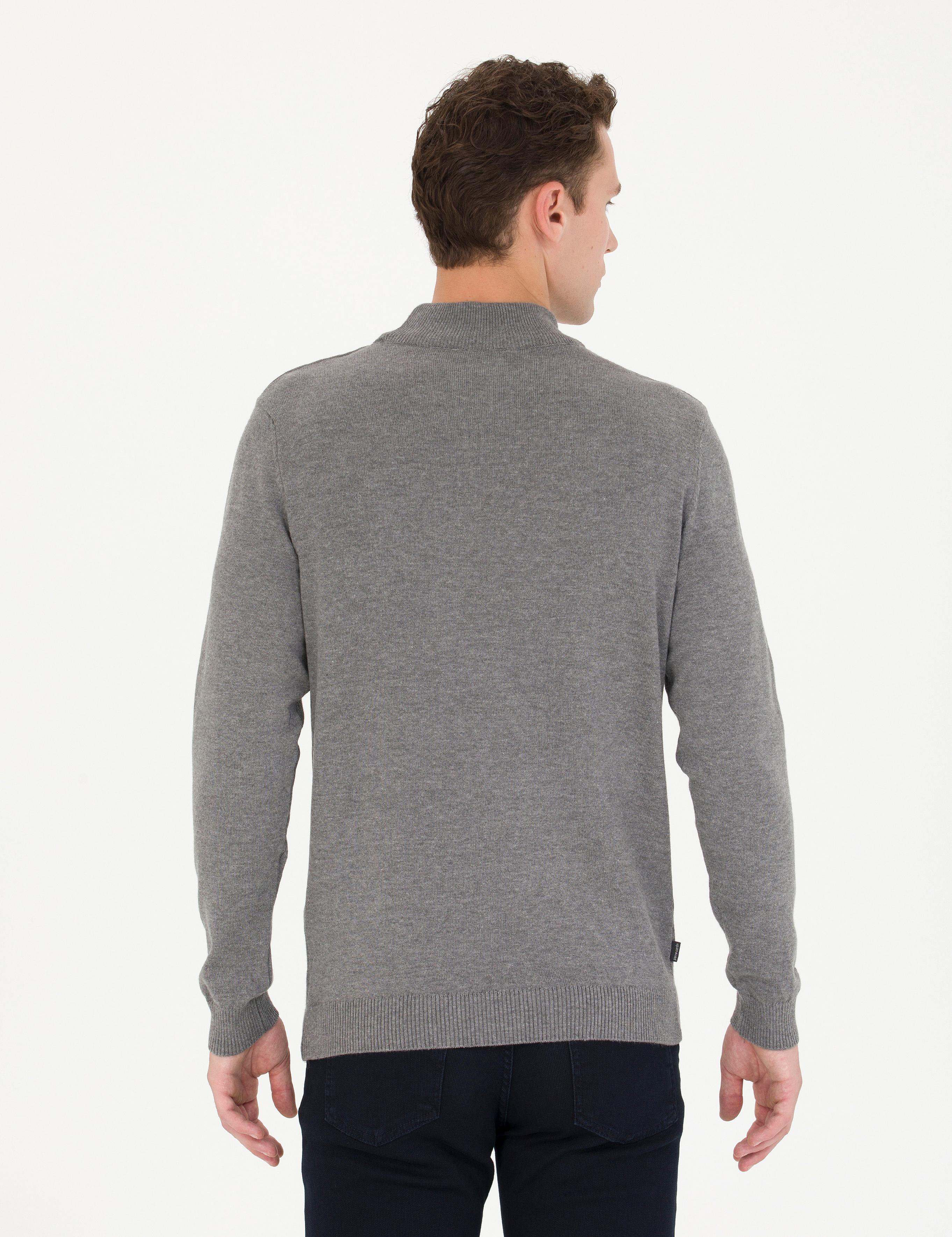 Gri Melanj Slim Fit Yarım Balıkçı Yaka Basic Triko Kazak