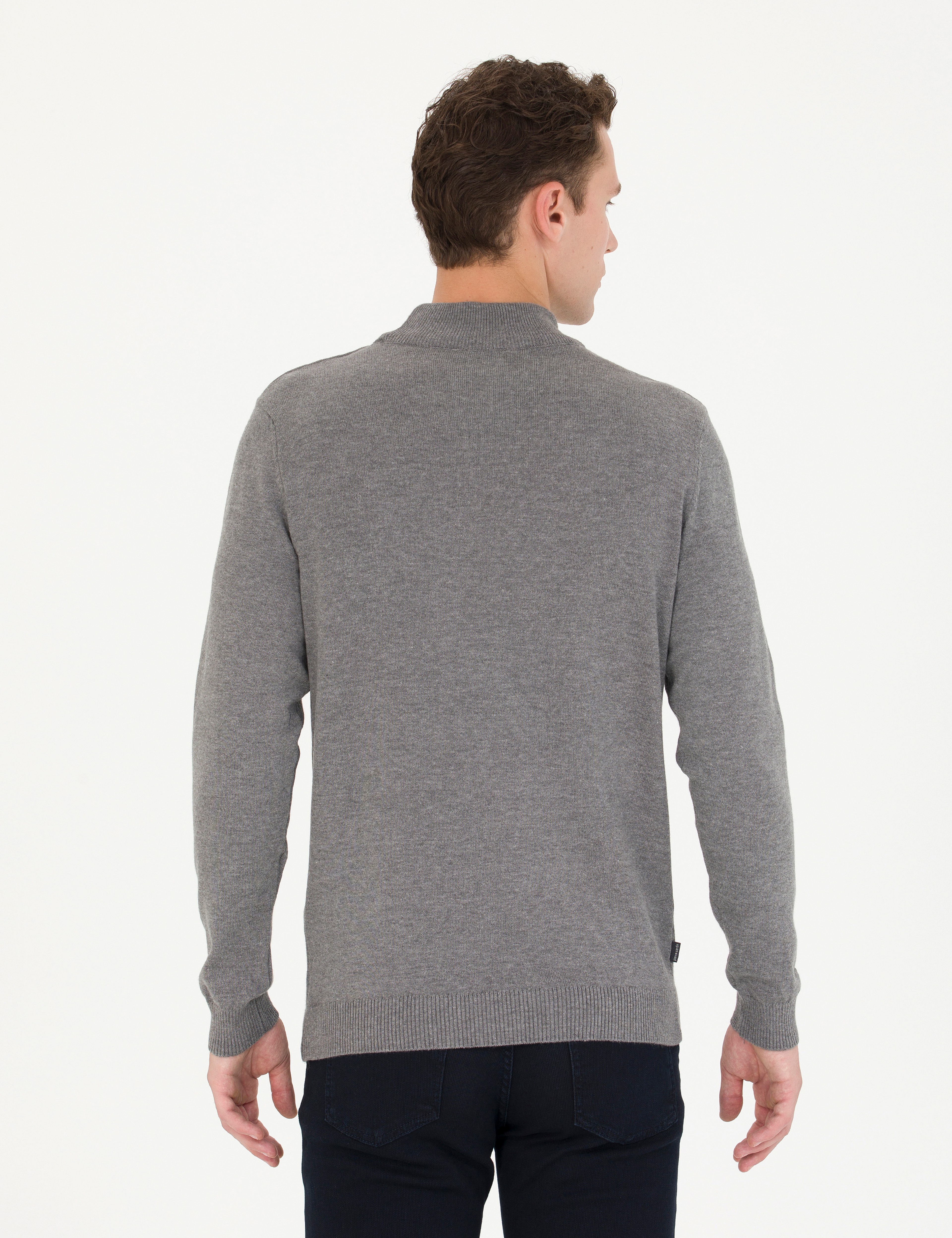 Gri Melanj Slim Fit Yarım Balıkçı Yaka Basic Triko Kazak - Image 5