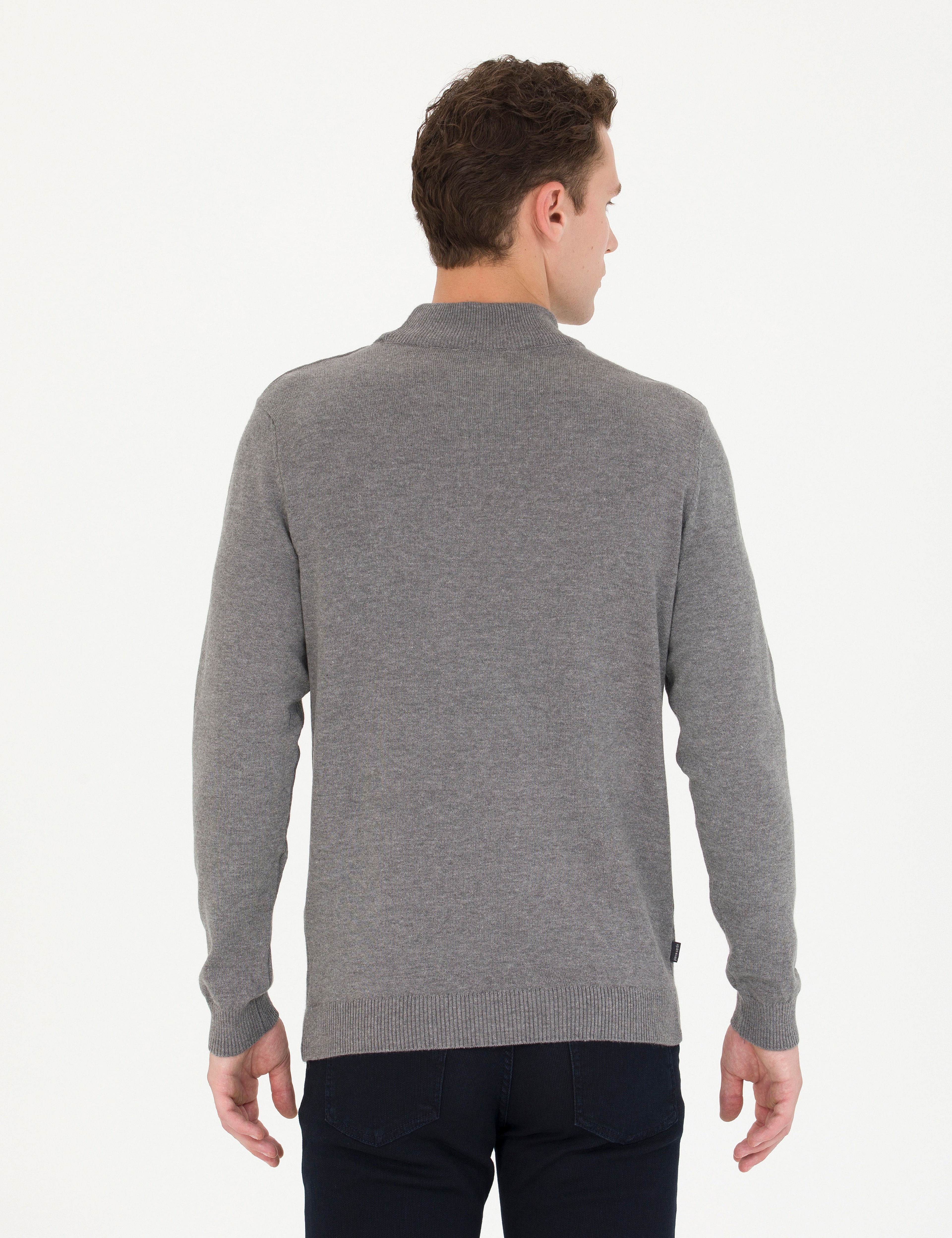 Gri Melanj Slim Fit Yarım Balıkçı Yaka Basic Triko Kazak