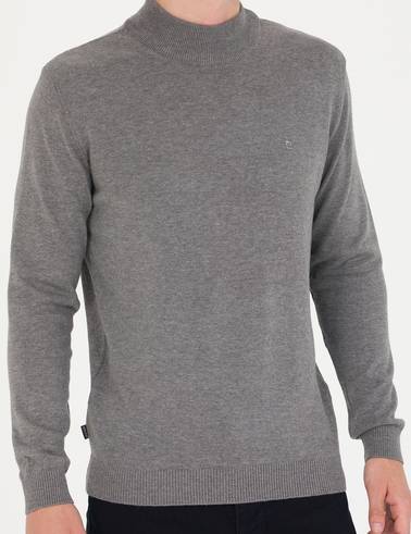 Gri Melanj Slim Fit Yarım Balıkçı Yaka Basic Triko Kazak