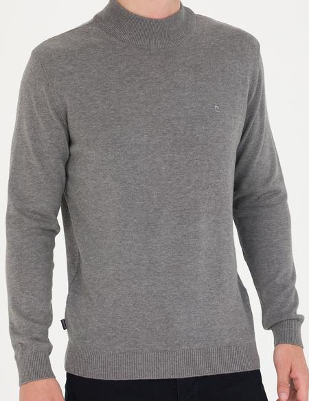 Gri Melanj Slim Fit Yarım Balıkçı Yaka Basic Triko Kazak - 50276161108