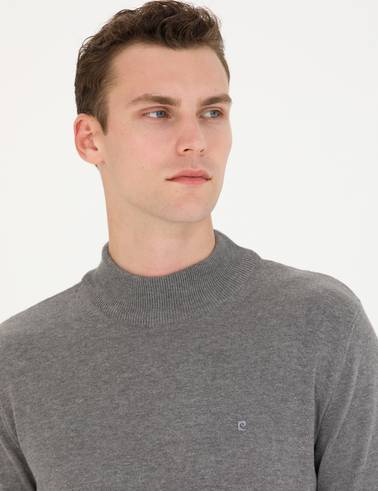 Gri Melanj Slim Fit Yarım Balıkçı Yaka Basic Triko Kazak