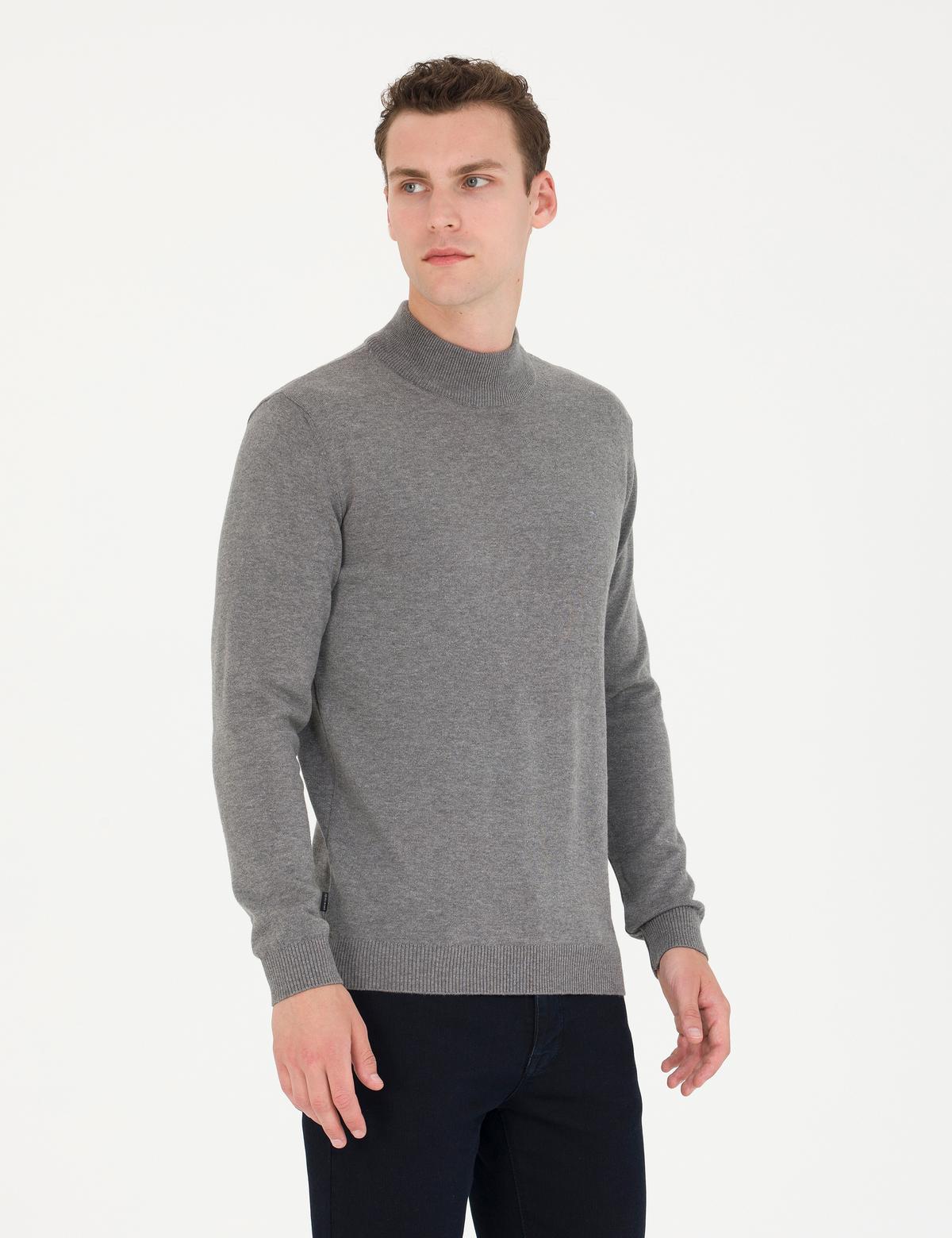 Gri Melanj Slim Fit Yarım Balıkçı Yaka Basic Triko Kazak