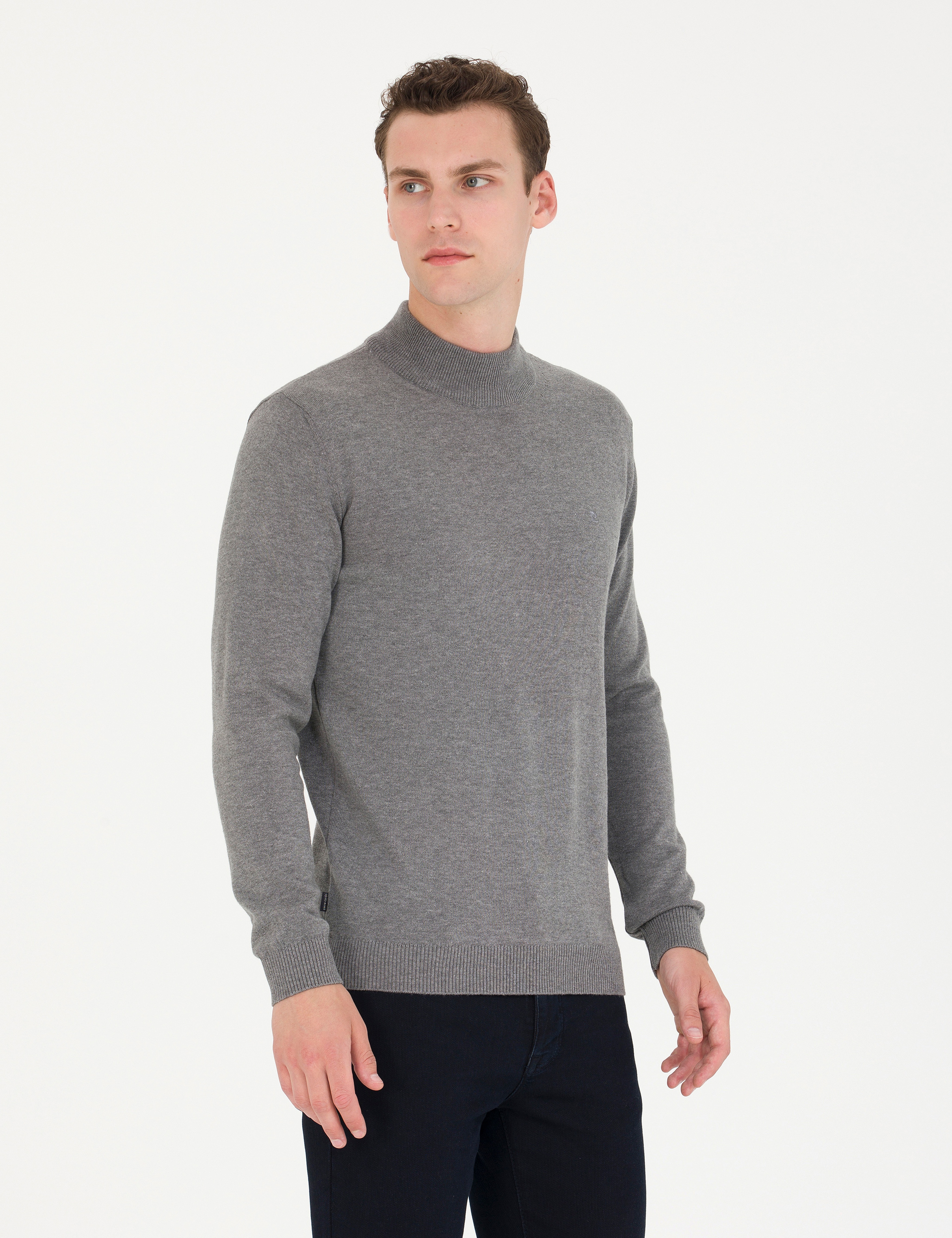 Gri Melanj Slim Fit Yarım Balıkçı Yaka Basic Triko Kazak - Image 1