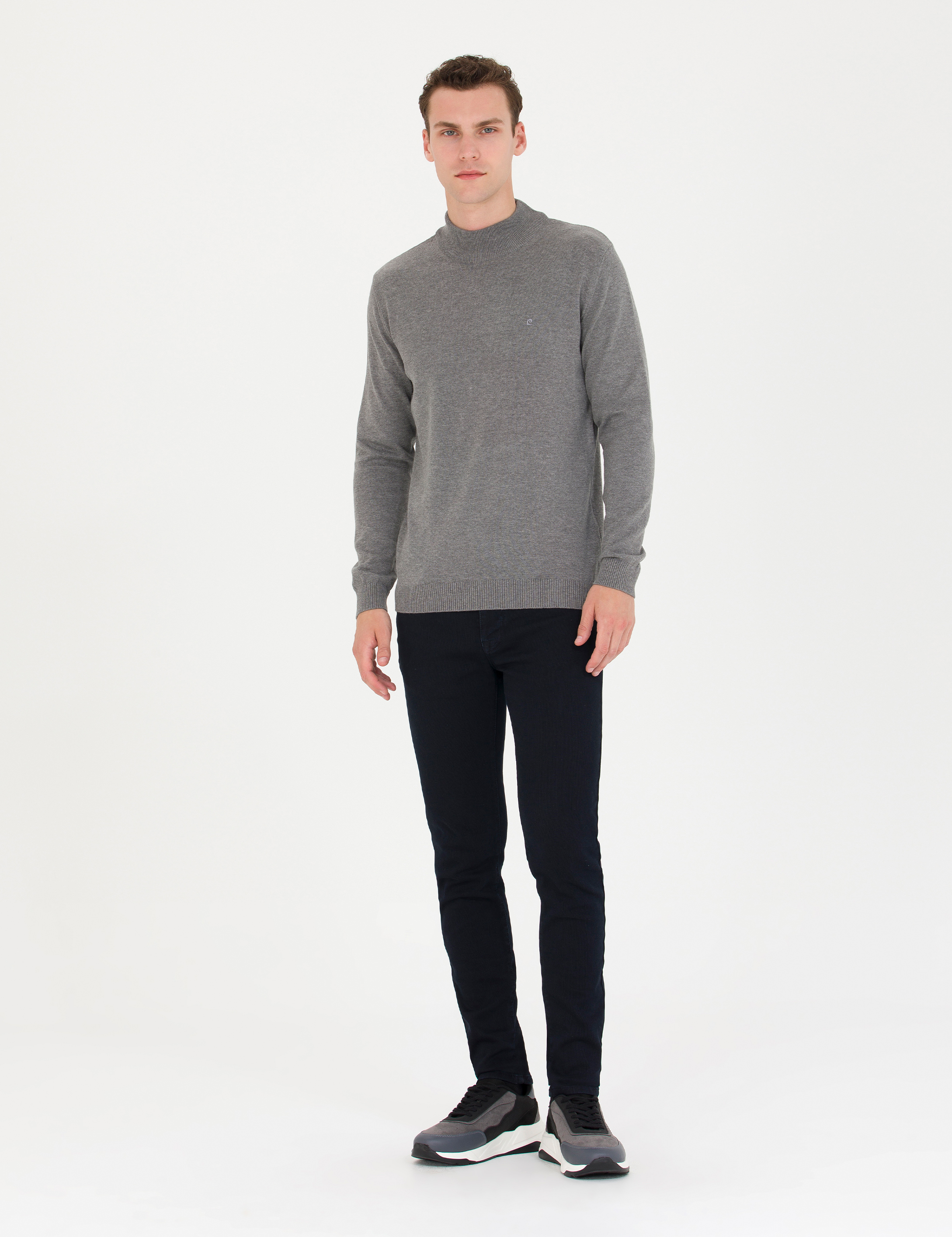 Pierre Cardin Gri Melanj Slim Fit Yarım Balıkçı Yaka Basic Triko Kazak görsel 4