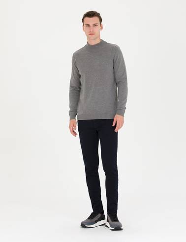 Gri Melanj Slim Fit Yarım Balıkçı Yaka Basic Triko Kazak