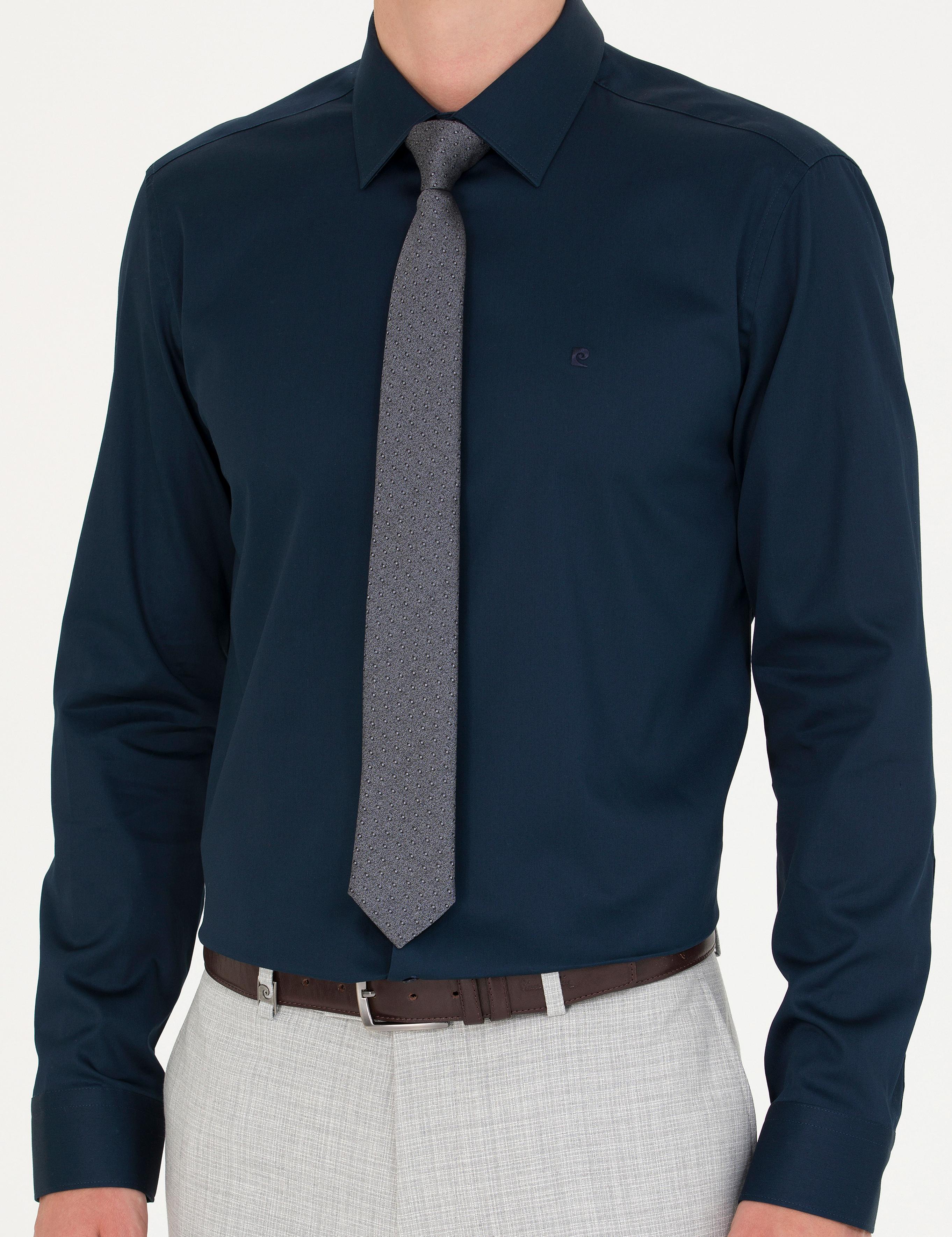 Lacivert Parlak Saten Slim Fit Uzun Kollu Basic Gömlek