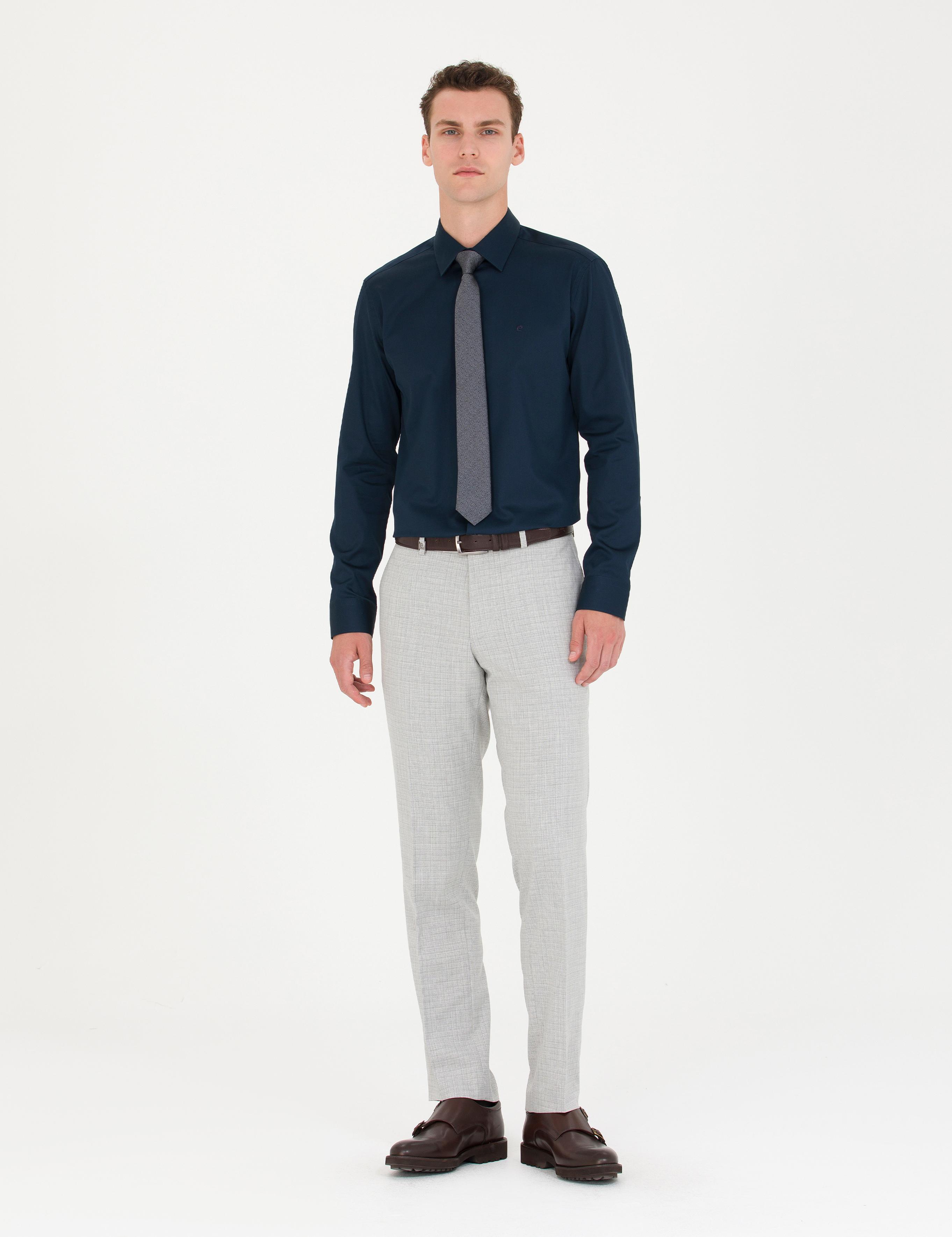 Lacivert Parlak Saten Slim Fit Uzun Kollu Basic Gömlek