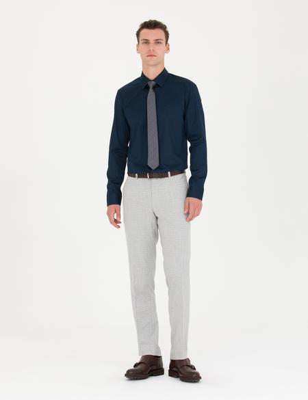 Lacivert Parlak Saten Slim Fit Uzun Kollu Basic Gömlek - 50277147044