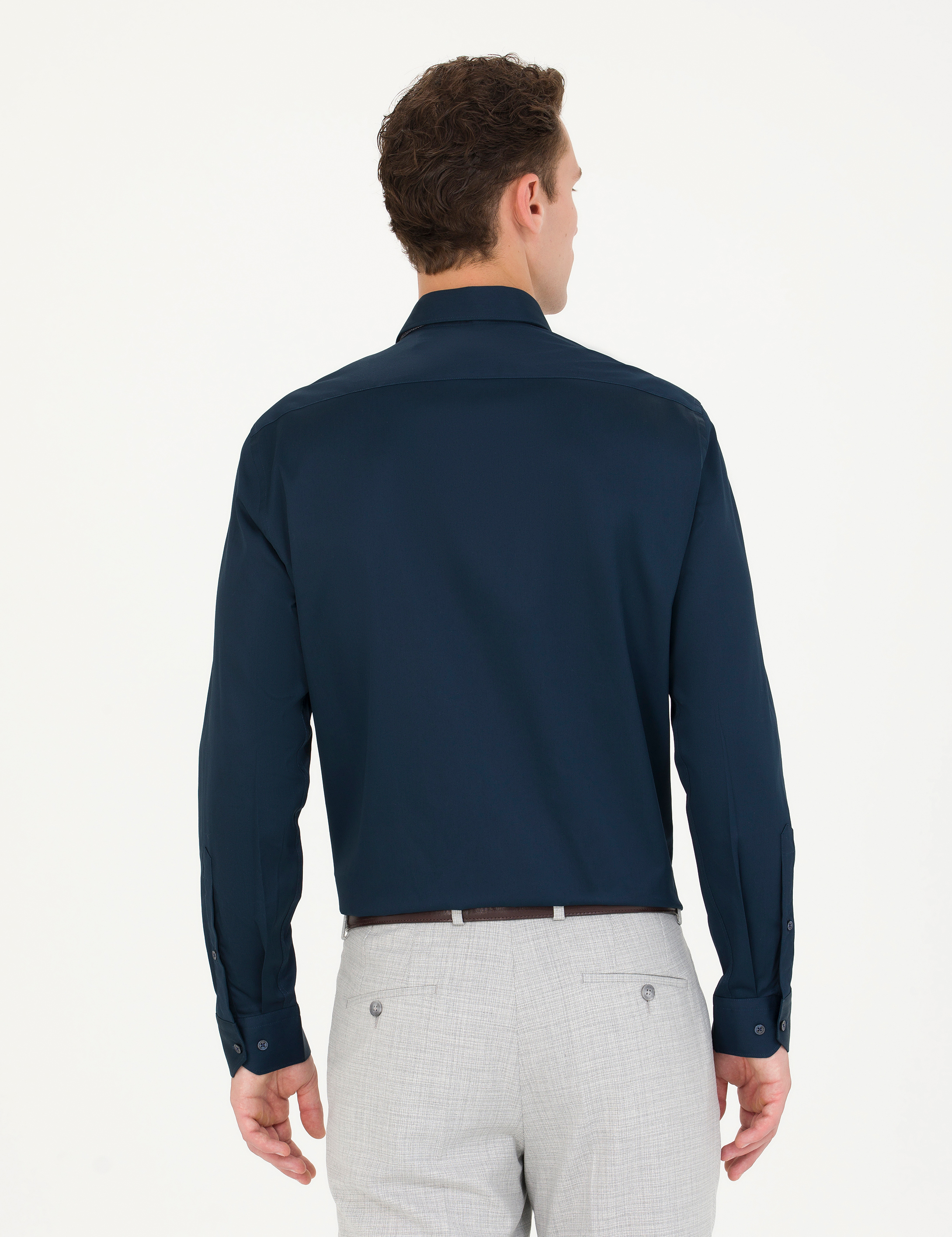 Pierre Cardin Lacivert %100 Pamuk Parlak Saten Slim Fit Uzun Kollu Basic Gömlek görsel 5