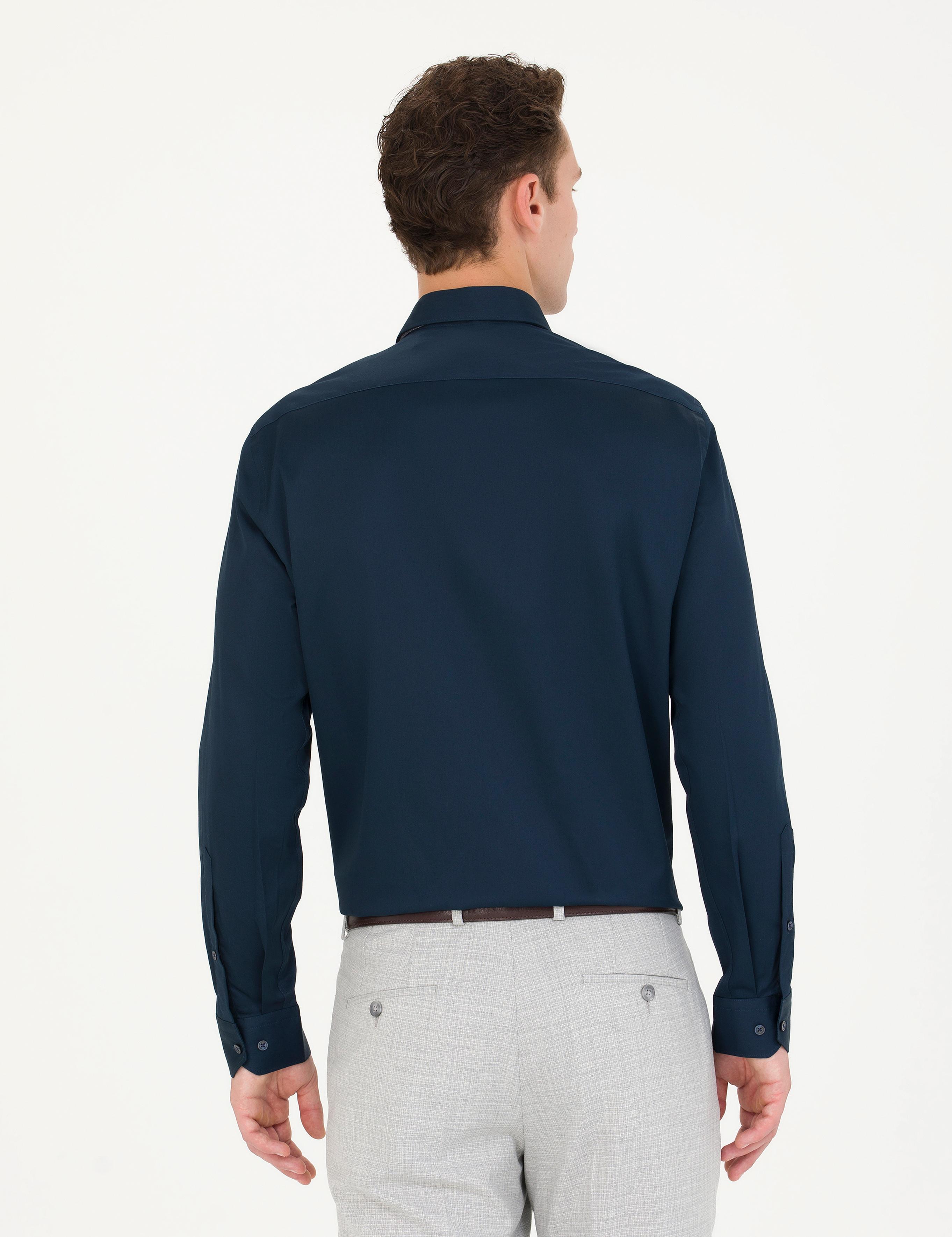 Lacivert Parlak Saten Slim Fit Uzun Kollu Basic Gömlek