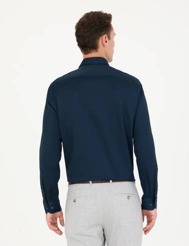Lacivert %100 Pamuk Parlak Saten Slim Fit Uzun Kollu Basic Gömlek