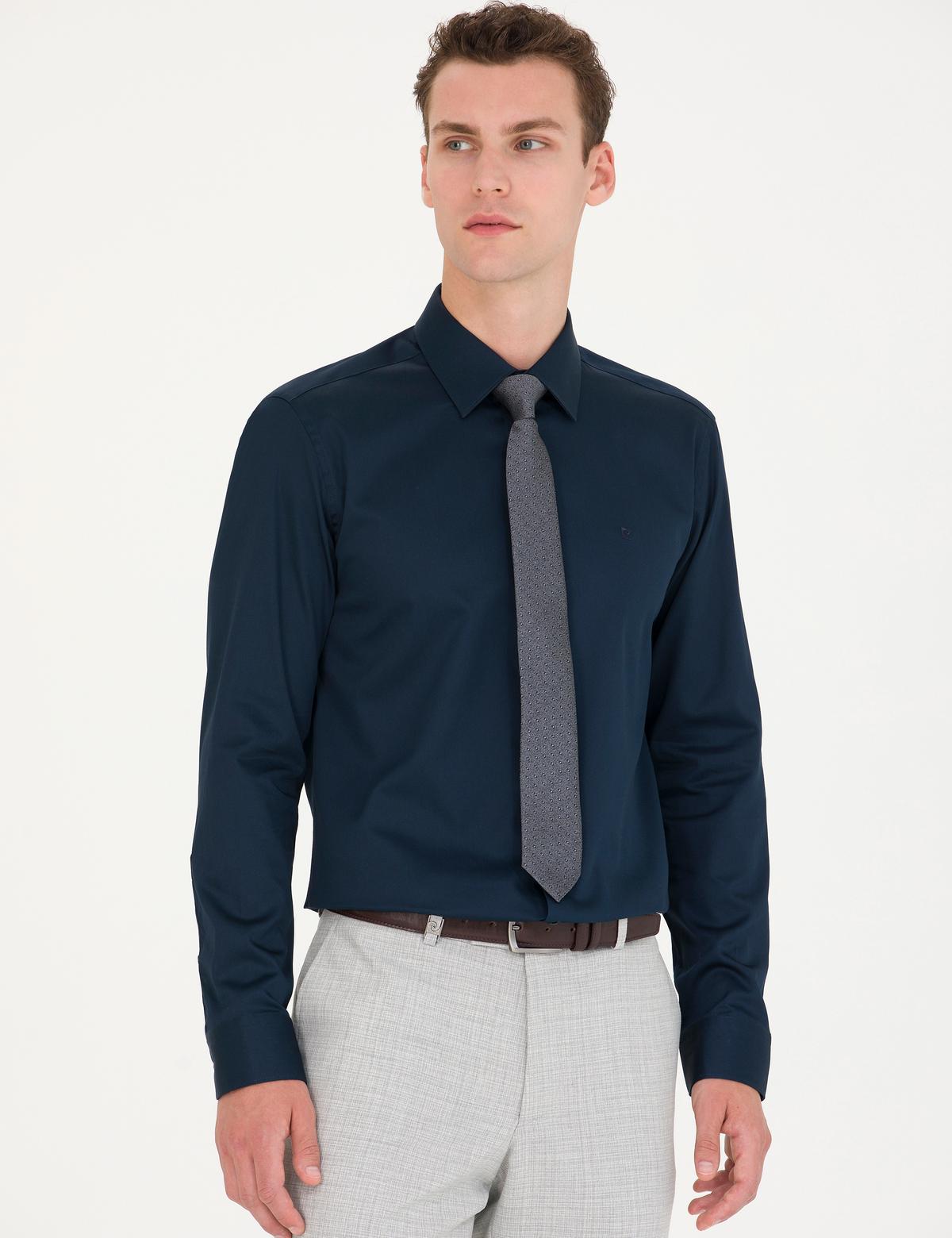 Lacivert Parlak Saten Slim Fit Uzun Kollu Basic Gömlek - 50277147044