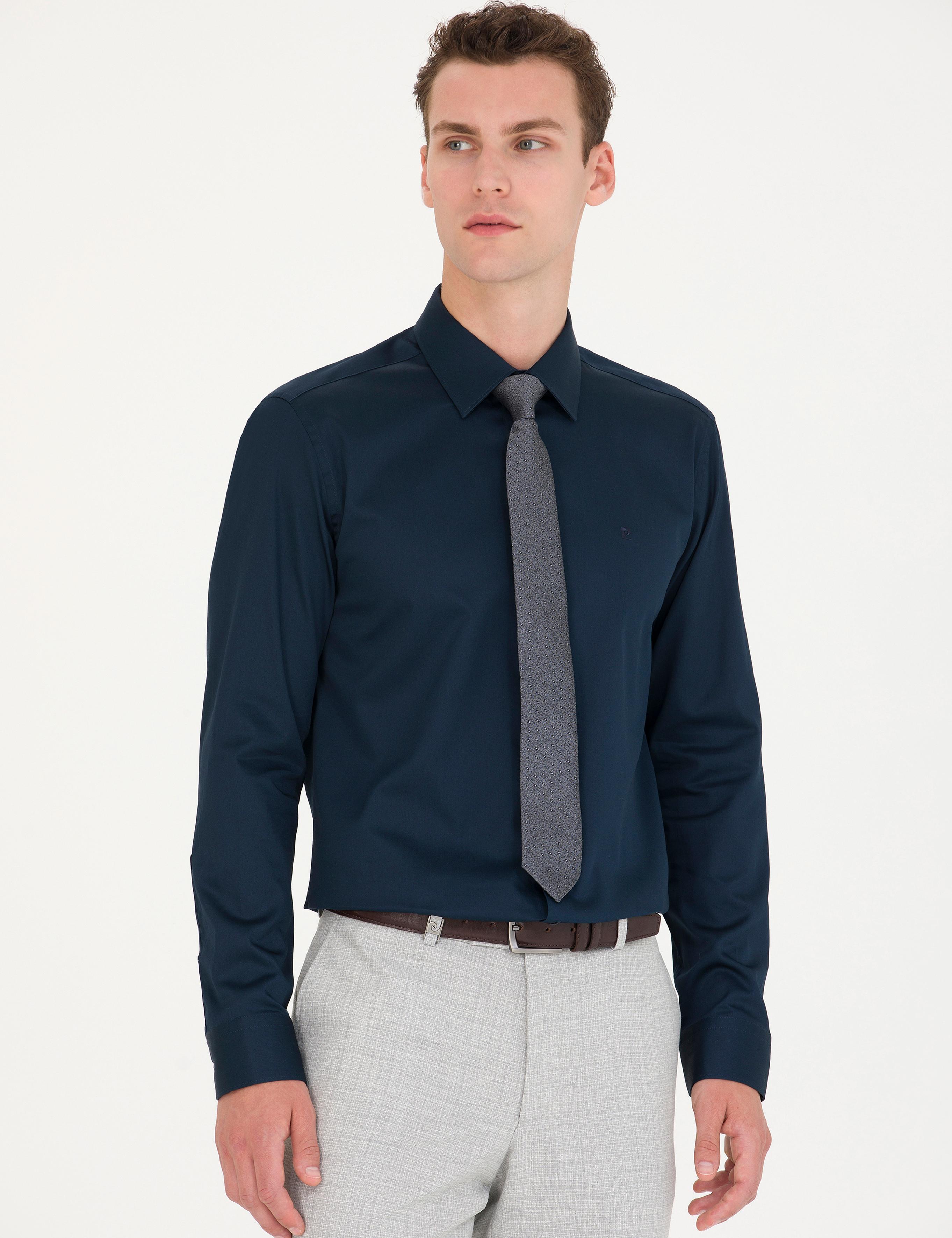 Lacivert Parlak Saten Slim Fit Uzun Kollu Basic Gömlek