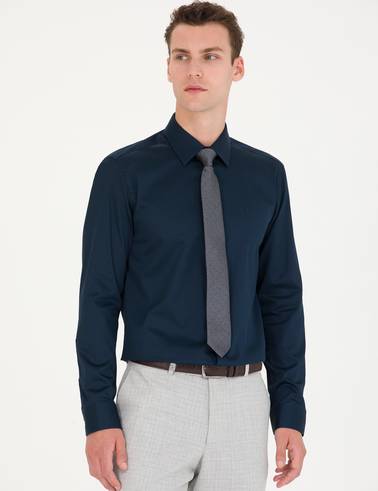 Lacivert %100 Pamuk Parlak Saten Slim Fit Uzun Kollu Basic Gömlek