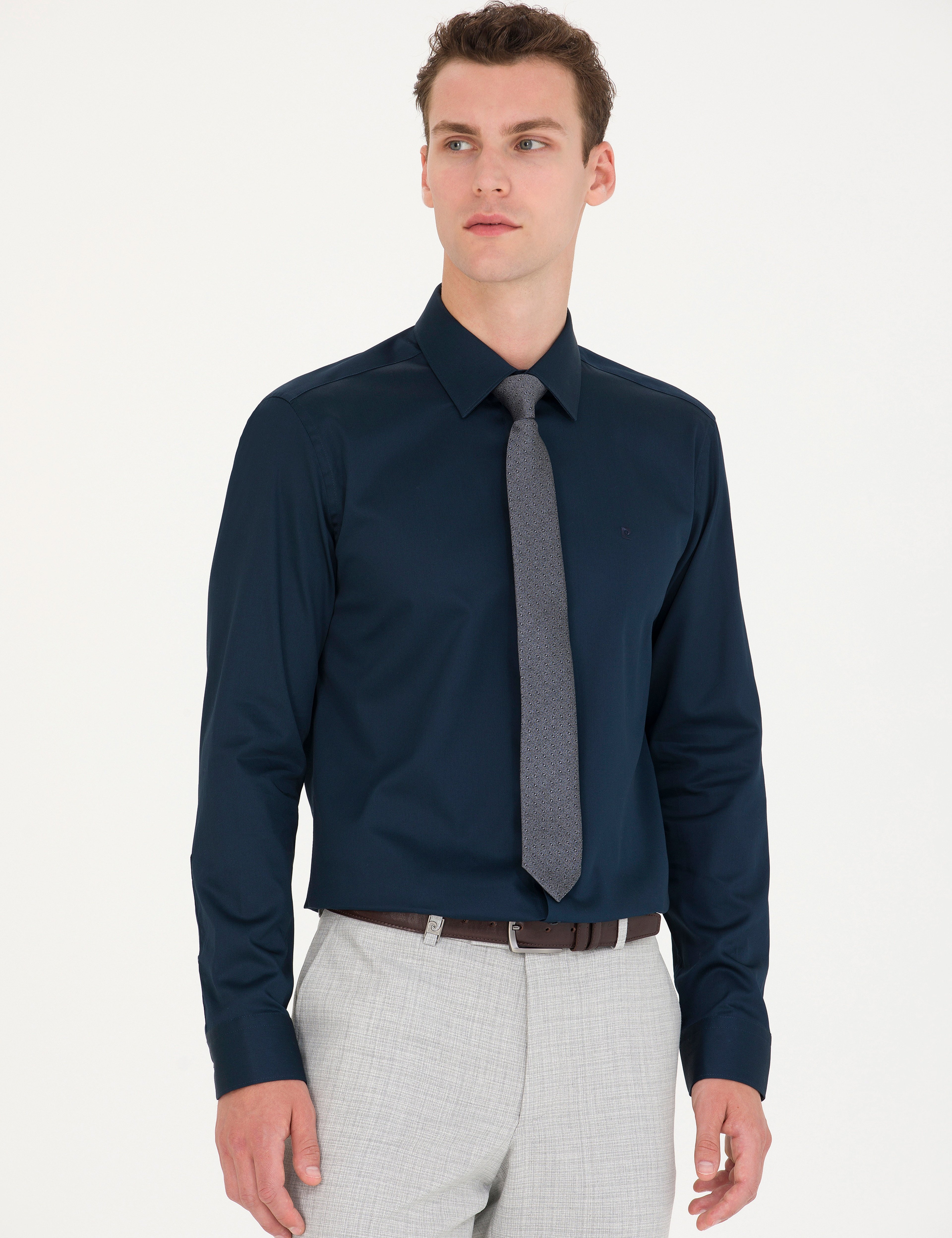 Lacivert %100 Pamuk Parlak Saten Slim Fit Uzun Kollu Basic Gömlek
