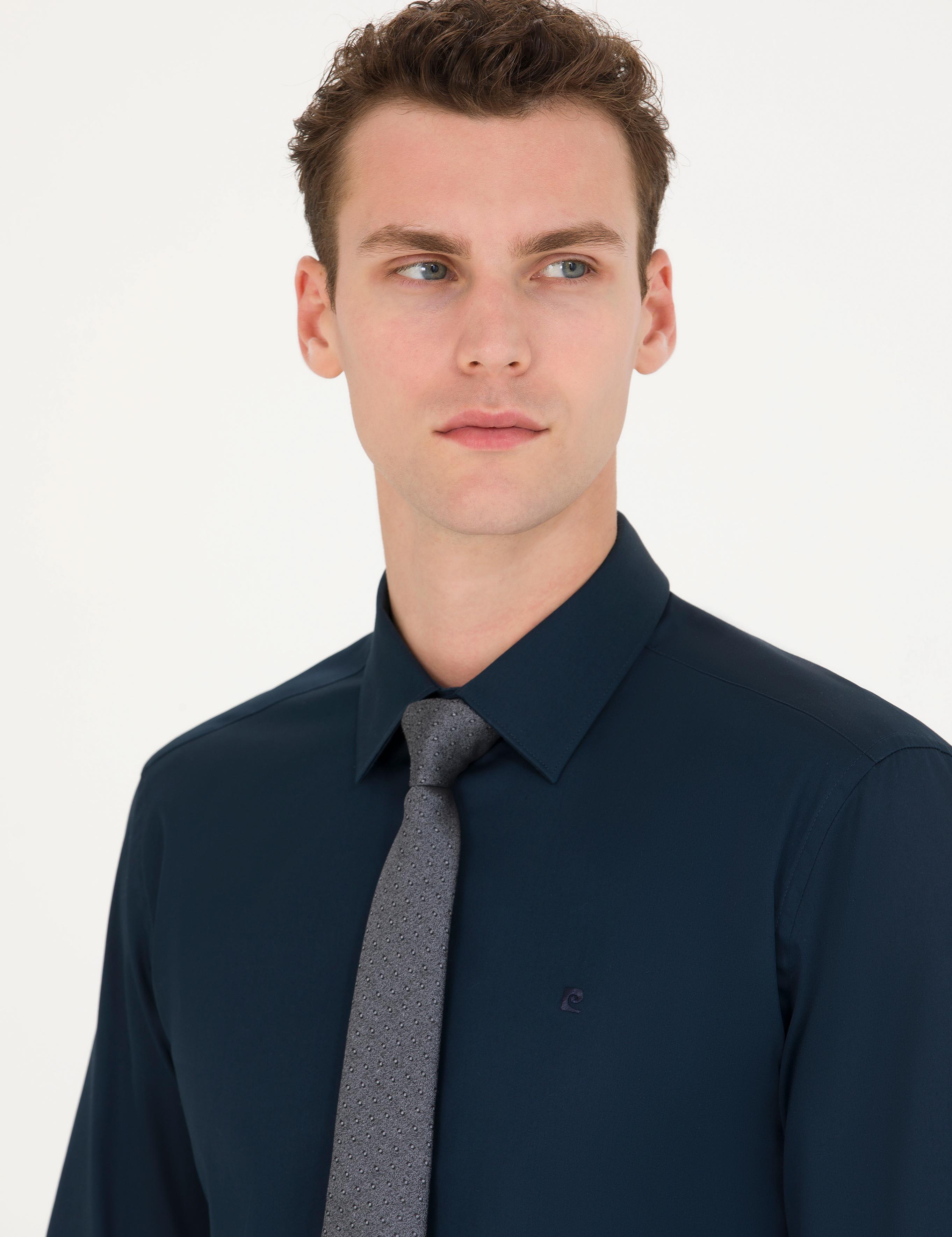 Lacivert Parlak Saten Slim Fit Uzun Kollu Basic Gömlek