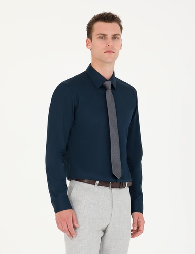 Lacivert %100 Pamuk Parlak Saten Slim Fit Uzun Kollu Basic Gömlek