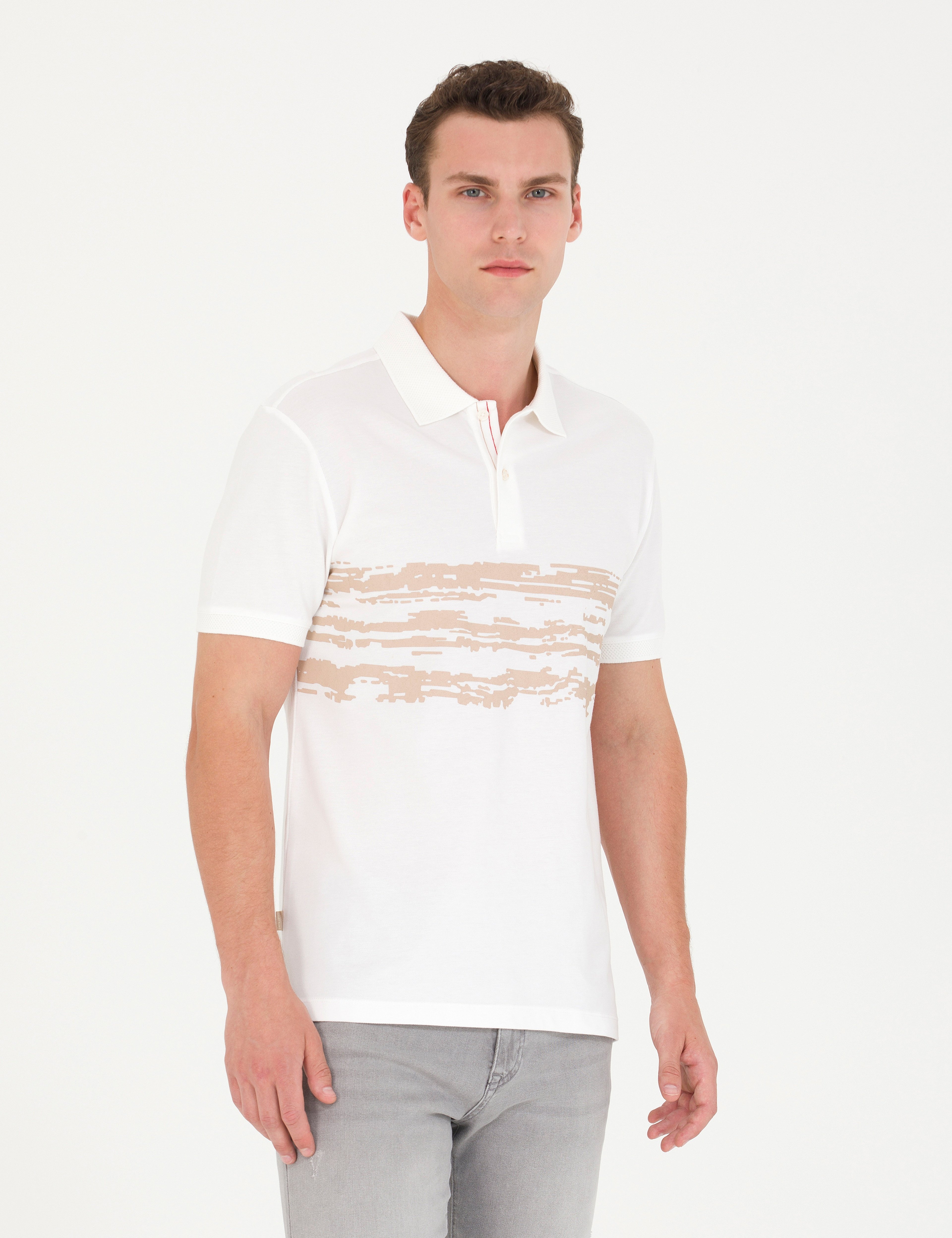Ekru Slim Fit %100 Pamuk Düğmeli Polo Yaka Tişört - Image 3