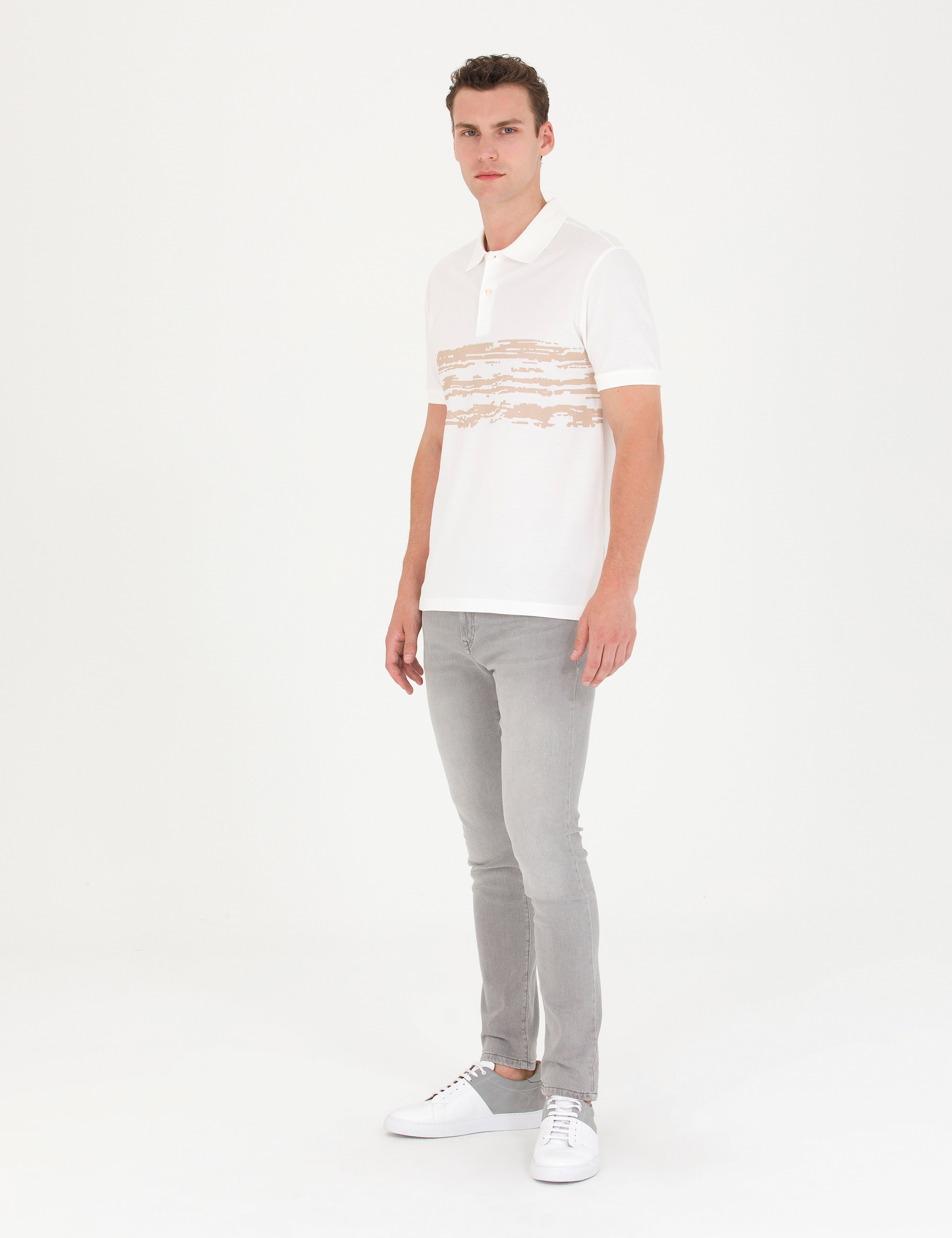 Ekru Slim Fit %100 Pamuk Düğmeli Polo Yaka Tişört - Image 4