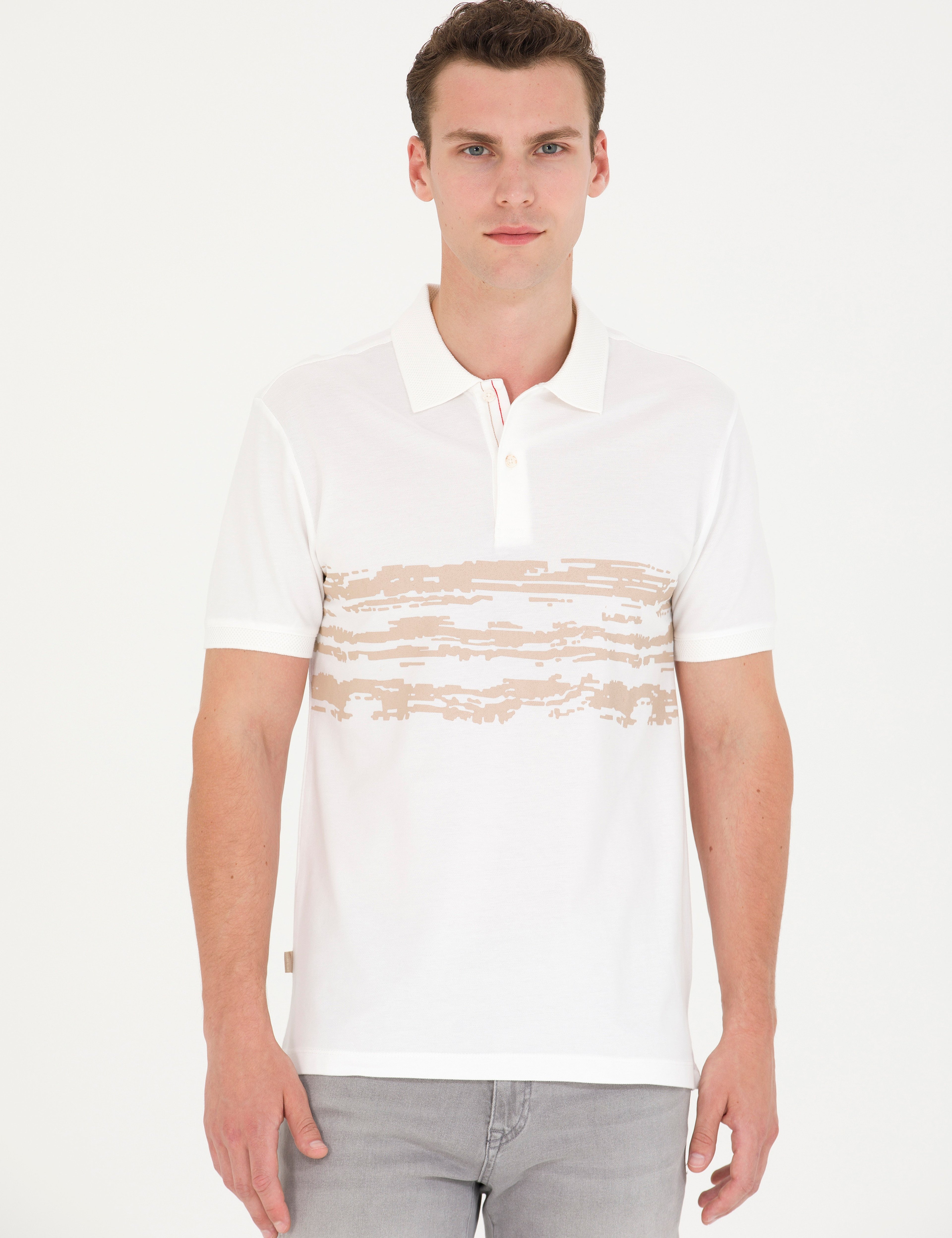 Ekru Slim Fit %100 Pamuk Düğmeli Polo Yaka Tişört