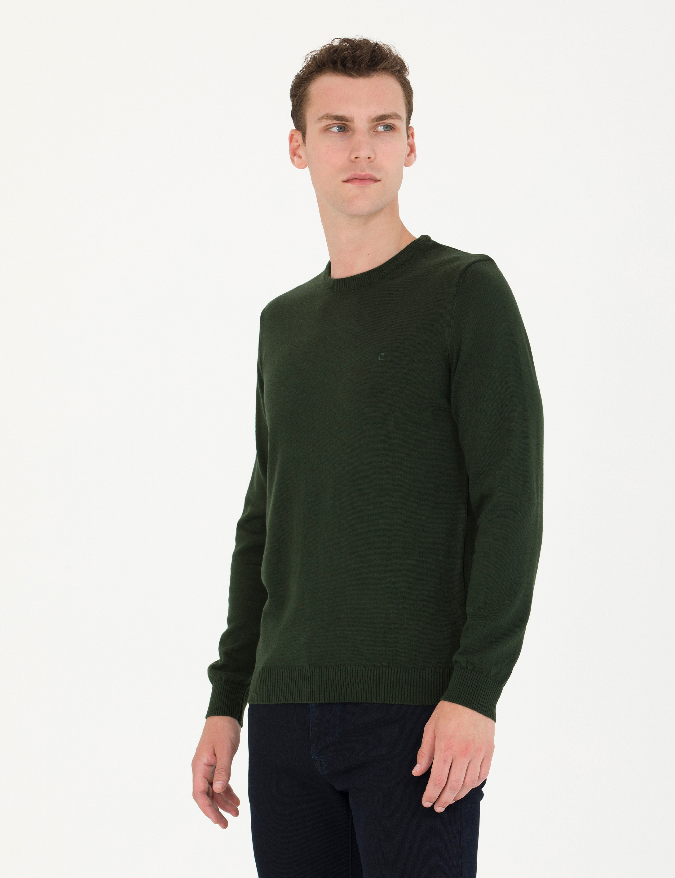 Pierre Cardin Koyu Yeşil Slim Fit Bisiklet Yaka Basic Triko Kazak görsel 3