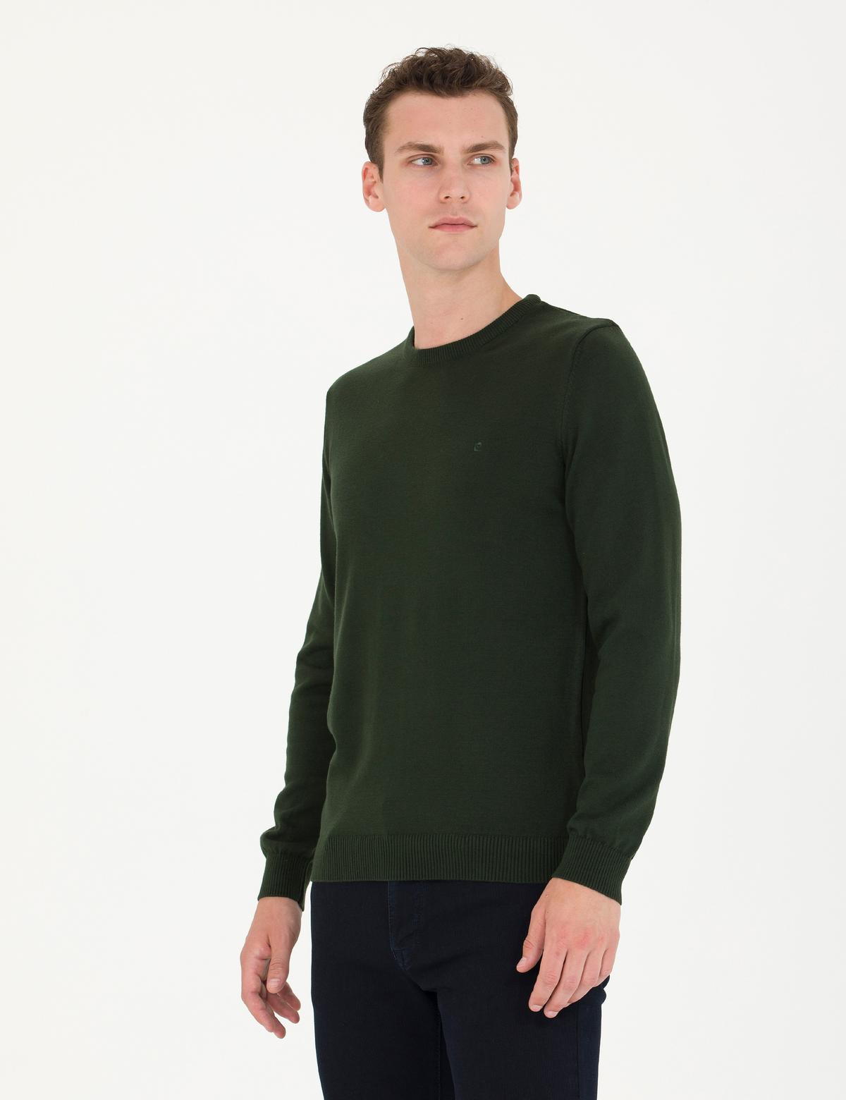 Koyu Yeşil Slim Fit Bisiklet Yaka Basic Triko Kazak - 50270179251