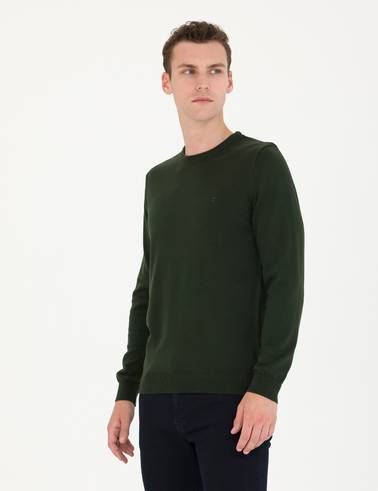 Koyu Yeşil Slim Fit Bisiklet Yaka Basic Triko Kazak