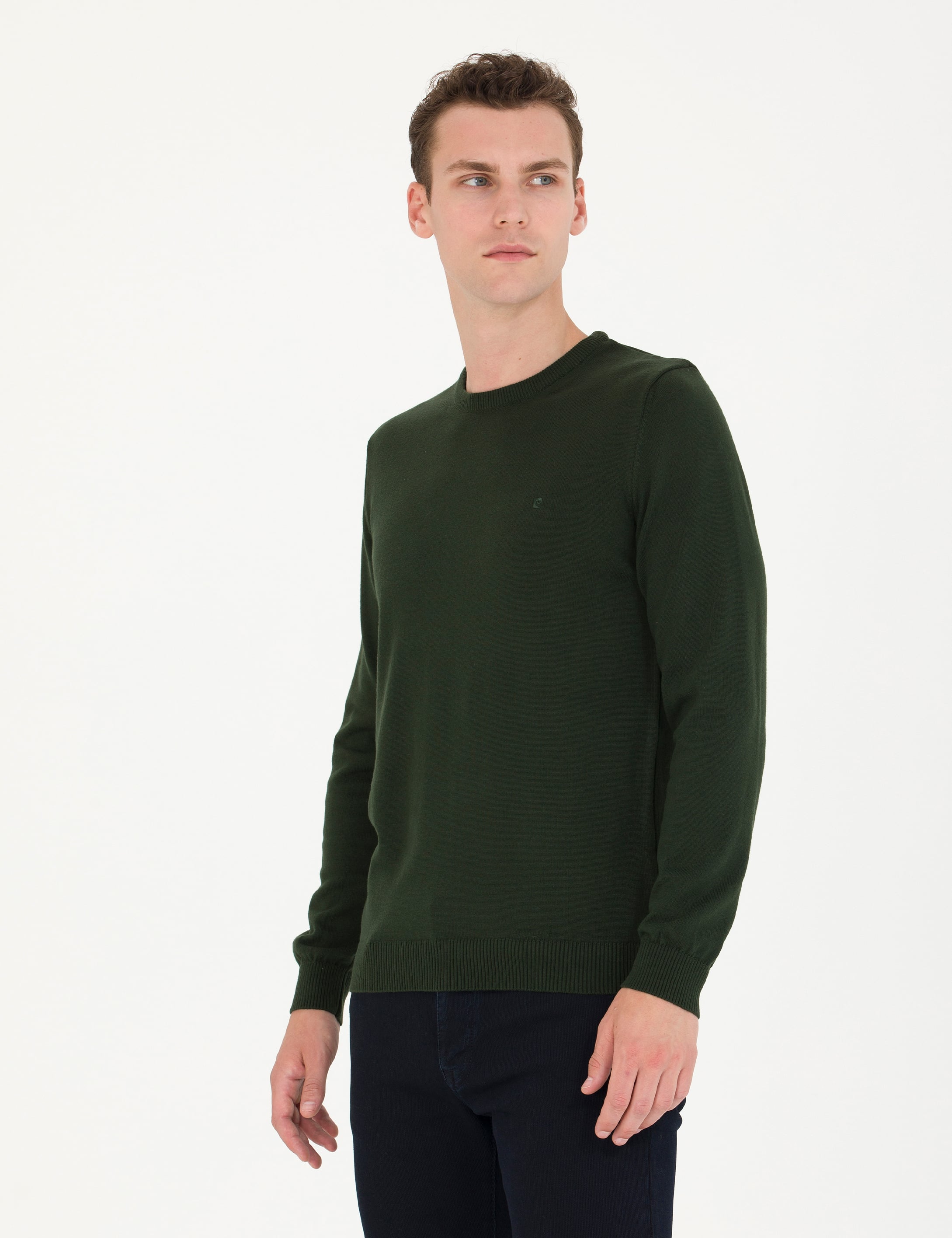 Koyu Yeşil Slim Fit Bisiklet Yaka Basic Triko Kazak - Image 3