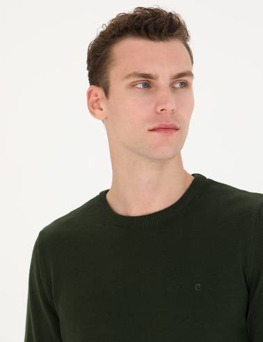 Koyu Yeşil Slim Fit Bisiklet Yaka Basic Triko Kazak