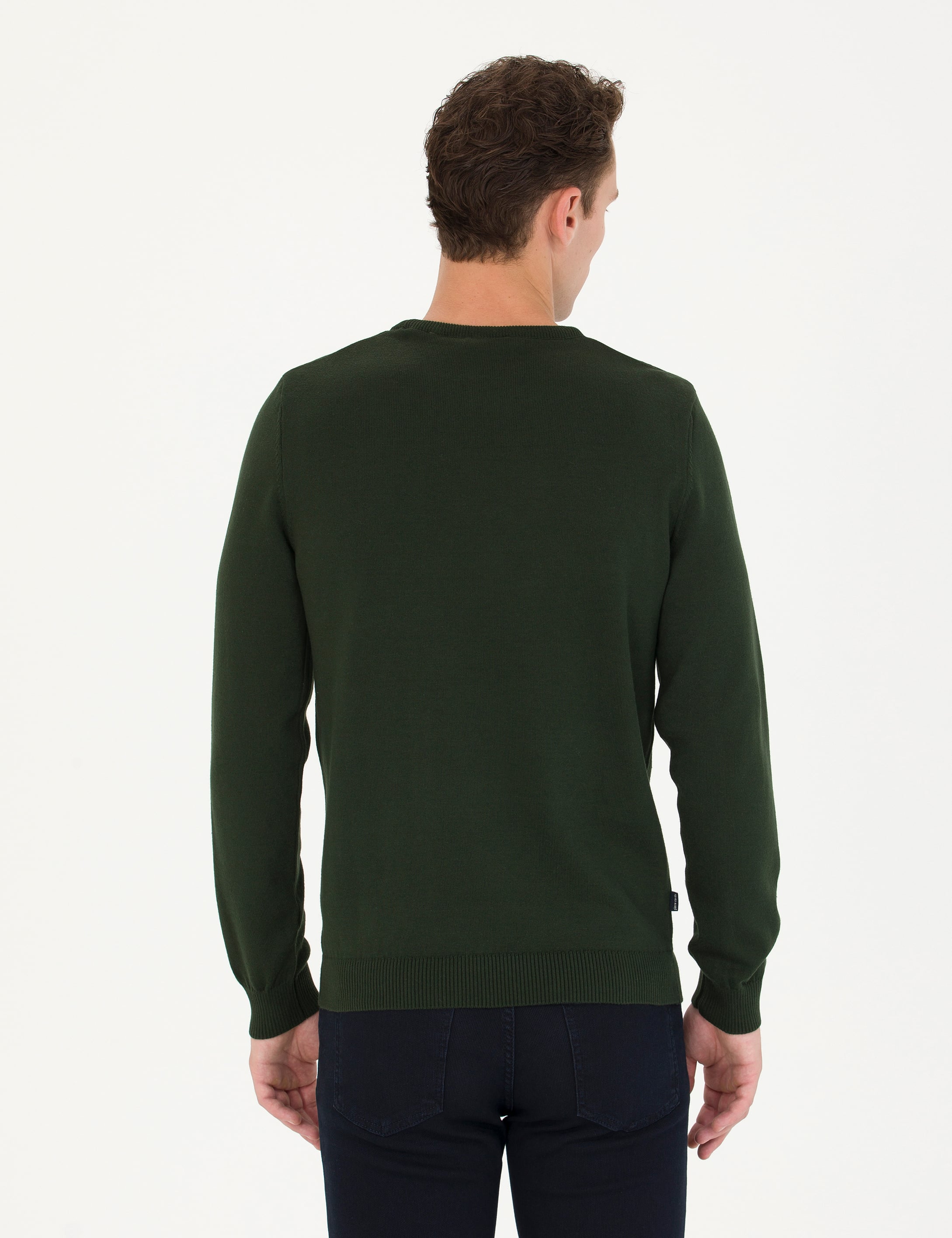 Koyu Yeşil Slim Fit Bisiklet Yaka Basic Triko Kazak - Image 5