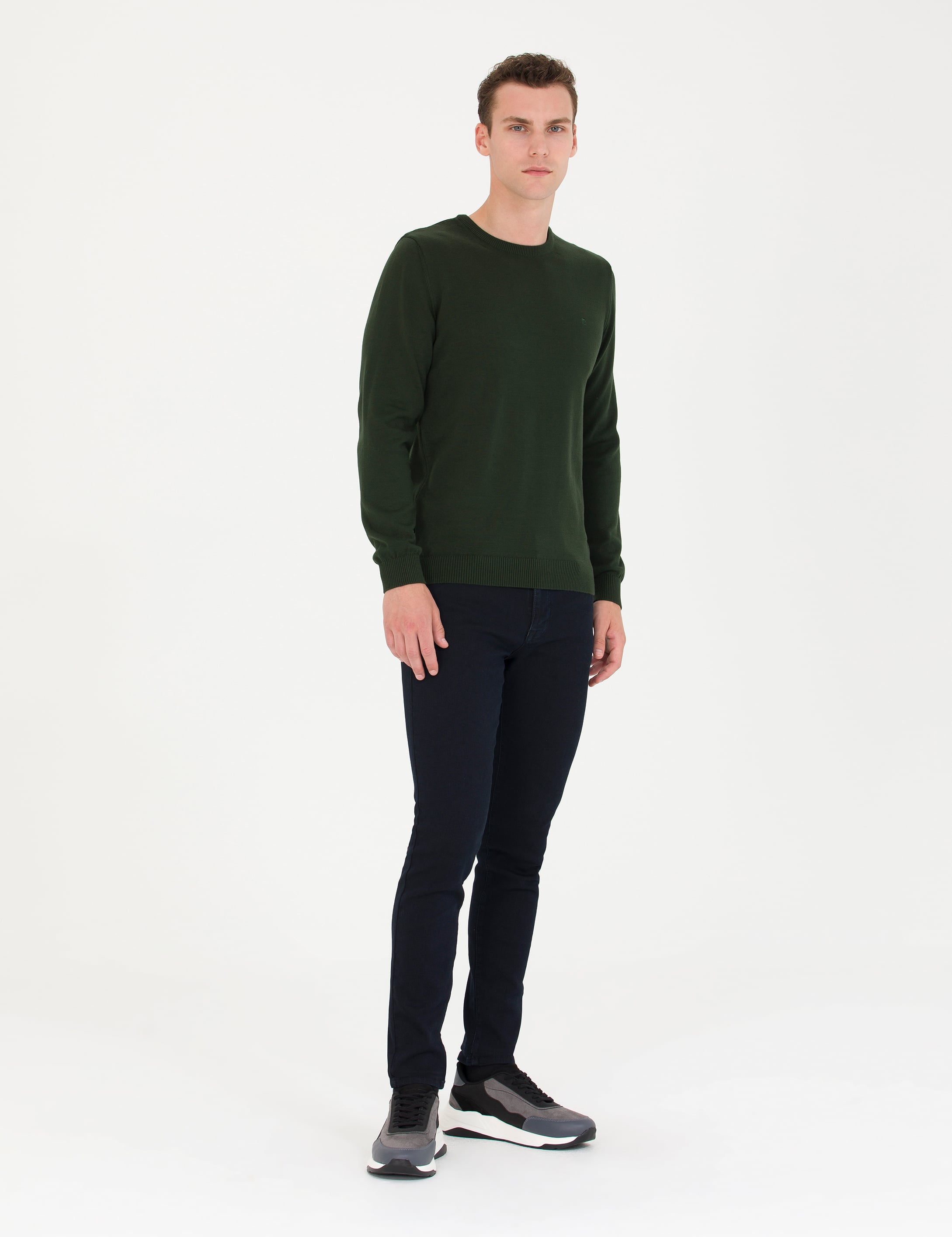 Pierre Cardin Koyu Yeşil Slim Fit Bisiklet Yaka Basic Triko Kazak görsel 4