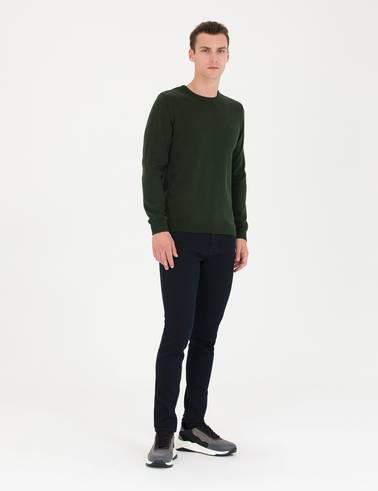 Koyu Yeşil Slim Fit Bisiklet Yaka Basic Triko Kazak
