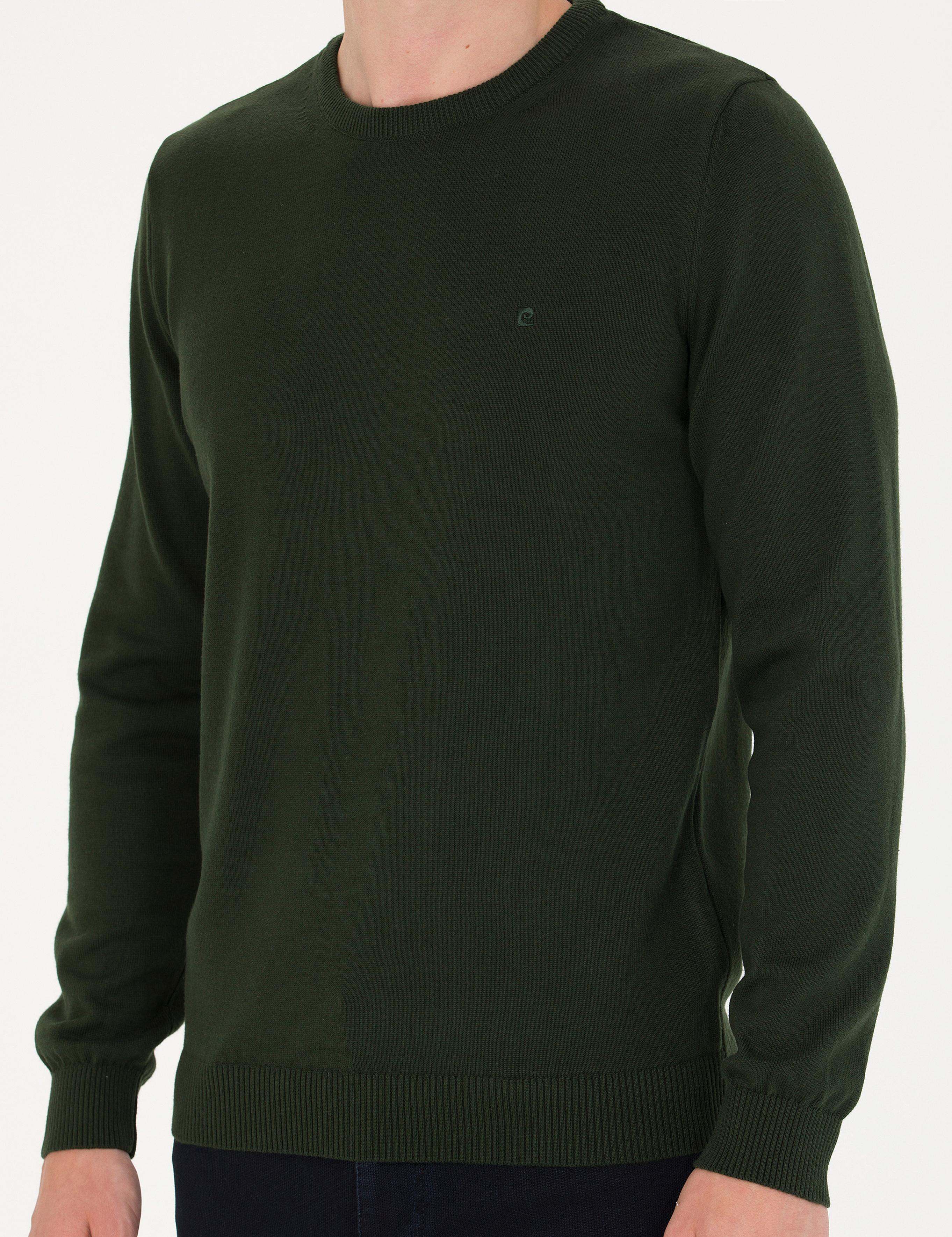 Koyu Yeşil Slim Fit Bisiklet Yaka Basic Triko Kazak