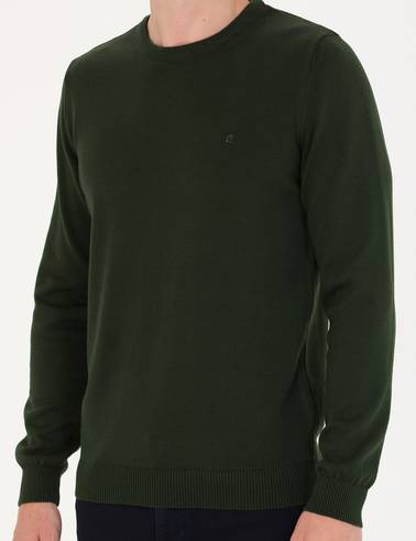 Koyu Yeşil Slim Fit Bisiklet Yaka Basic Triko Kazak