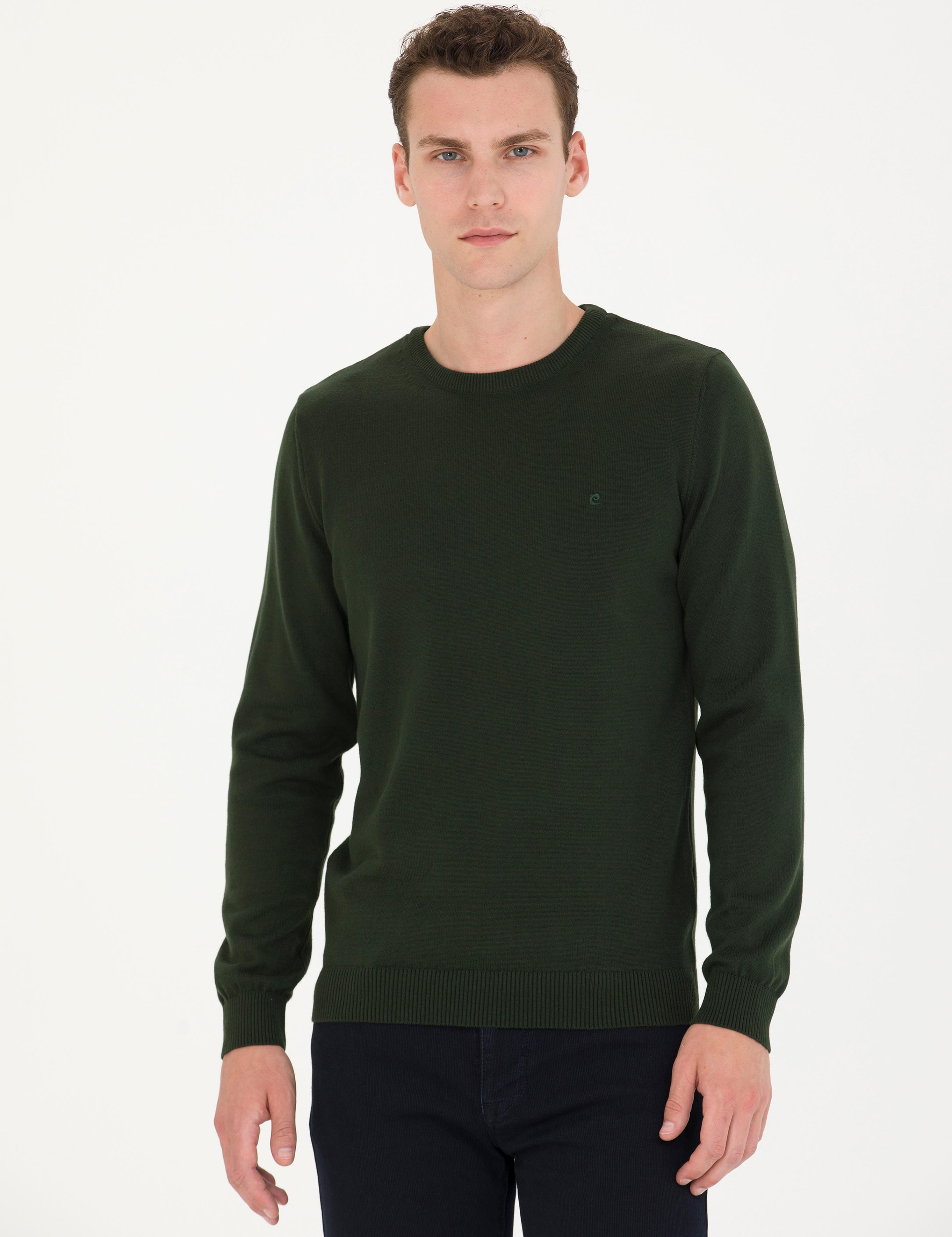 Koyu Yeşil Slim Fit Bisiklet Yaka Basic Triko Kazak