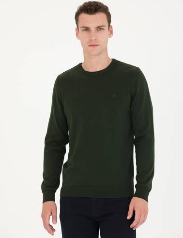 Koyu Yeşil Slim Fit Bisiklet Yaka Basic Triko Kazak