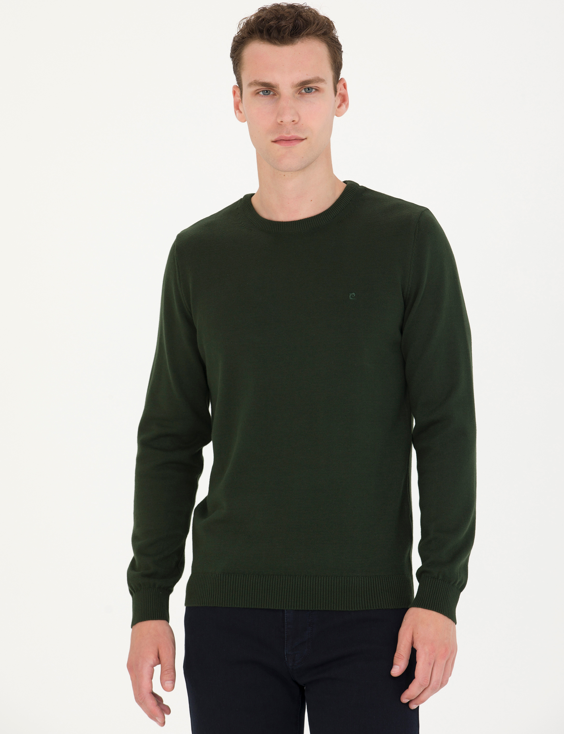 Koyu Yeşil Slim Fit Bisiklet Yaka Basic Triko Kazak - Image 1