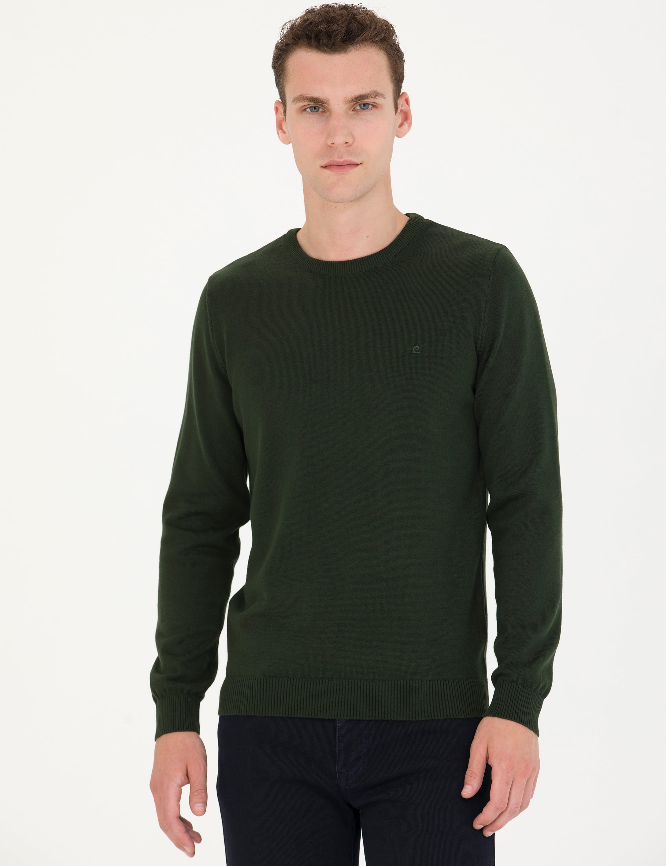 Koyu Yeşil Slim Fit Bisiklet Yaka Basic Triko Kazak