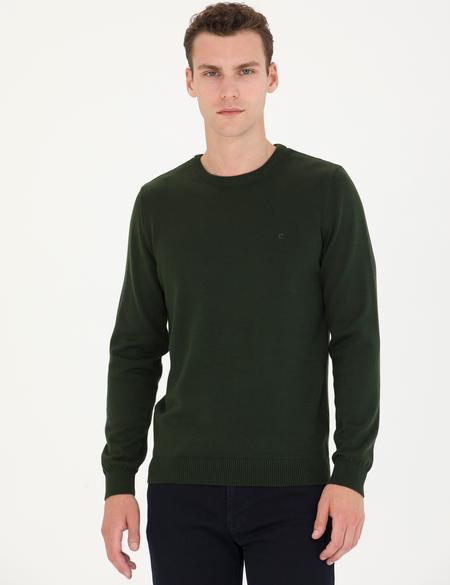 Koyu Yeşil Slim Fit Bisiklet Yaka Basic Triko Kazak - 50270179251