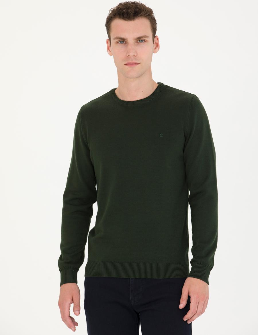 Koyu Yeşil Slim Fit Bisiklet Yaka Basic Triko Kazak