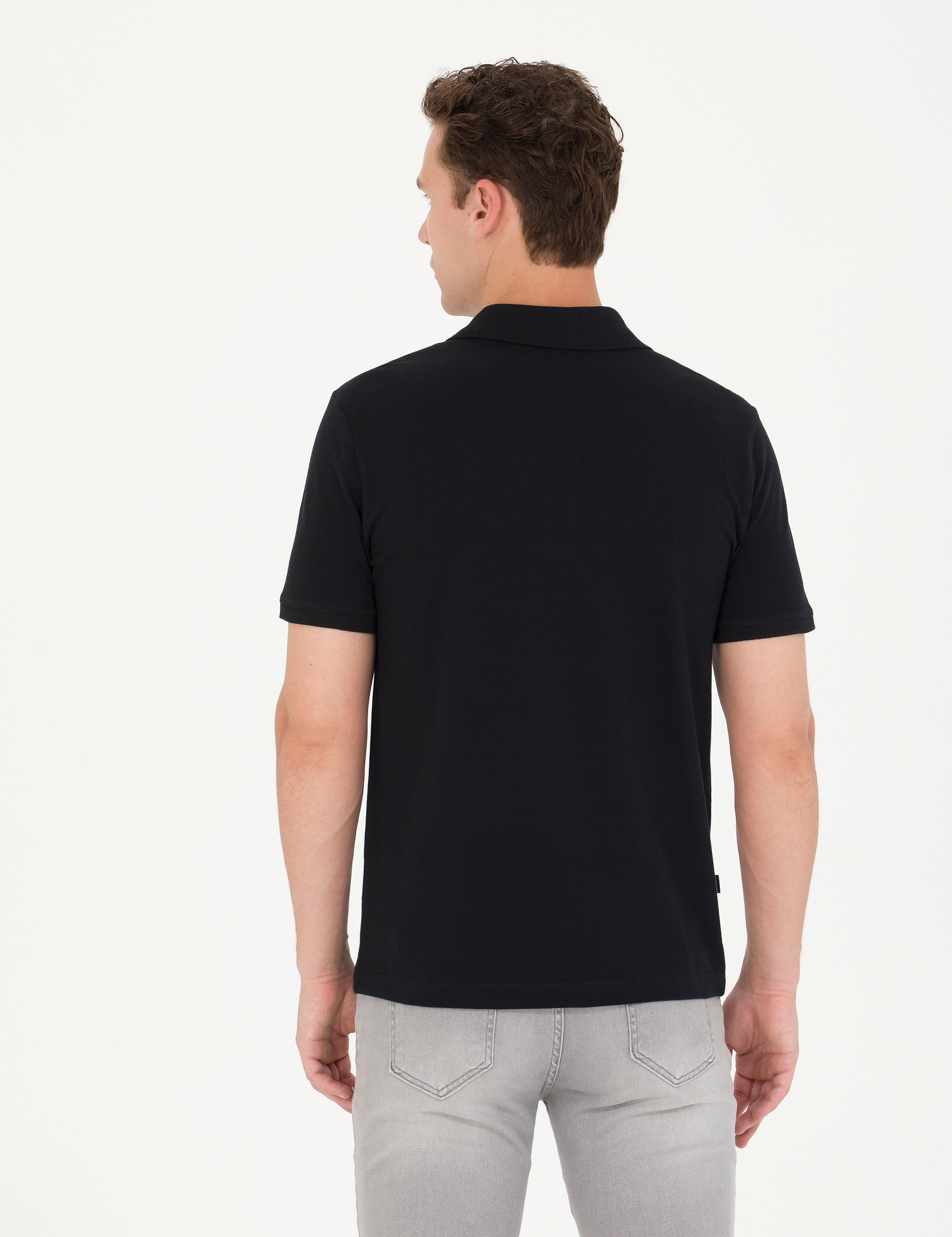 Siyah Slim Fit Polo Yaka Tişört - Image 5