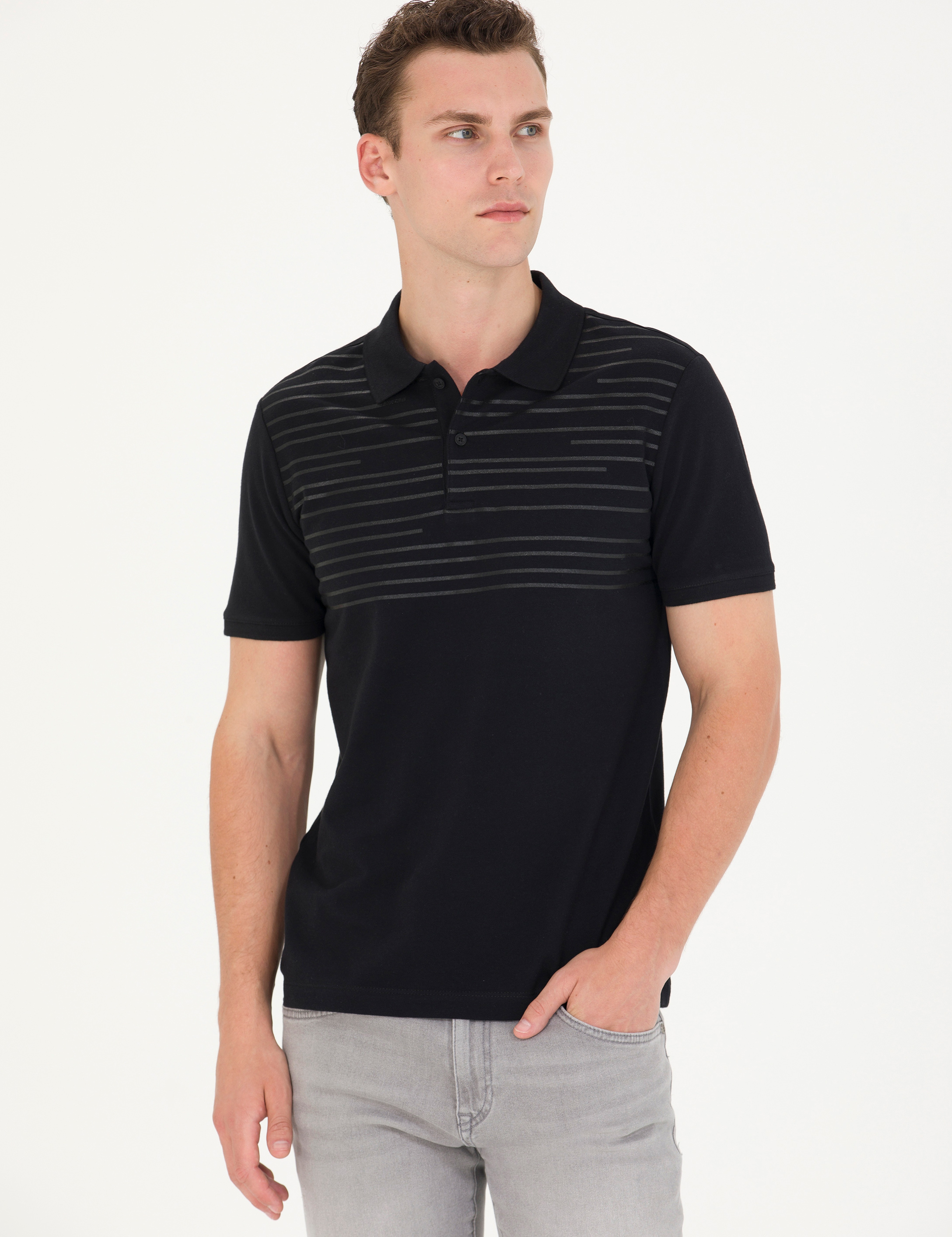 Siyah Slim Fit Polo Yaka Tişört - Image 1