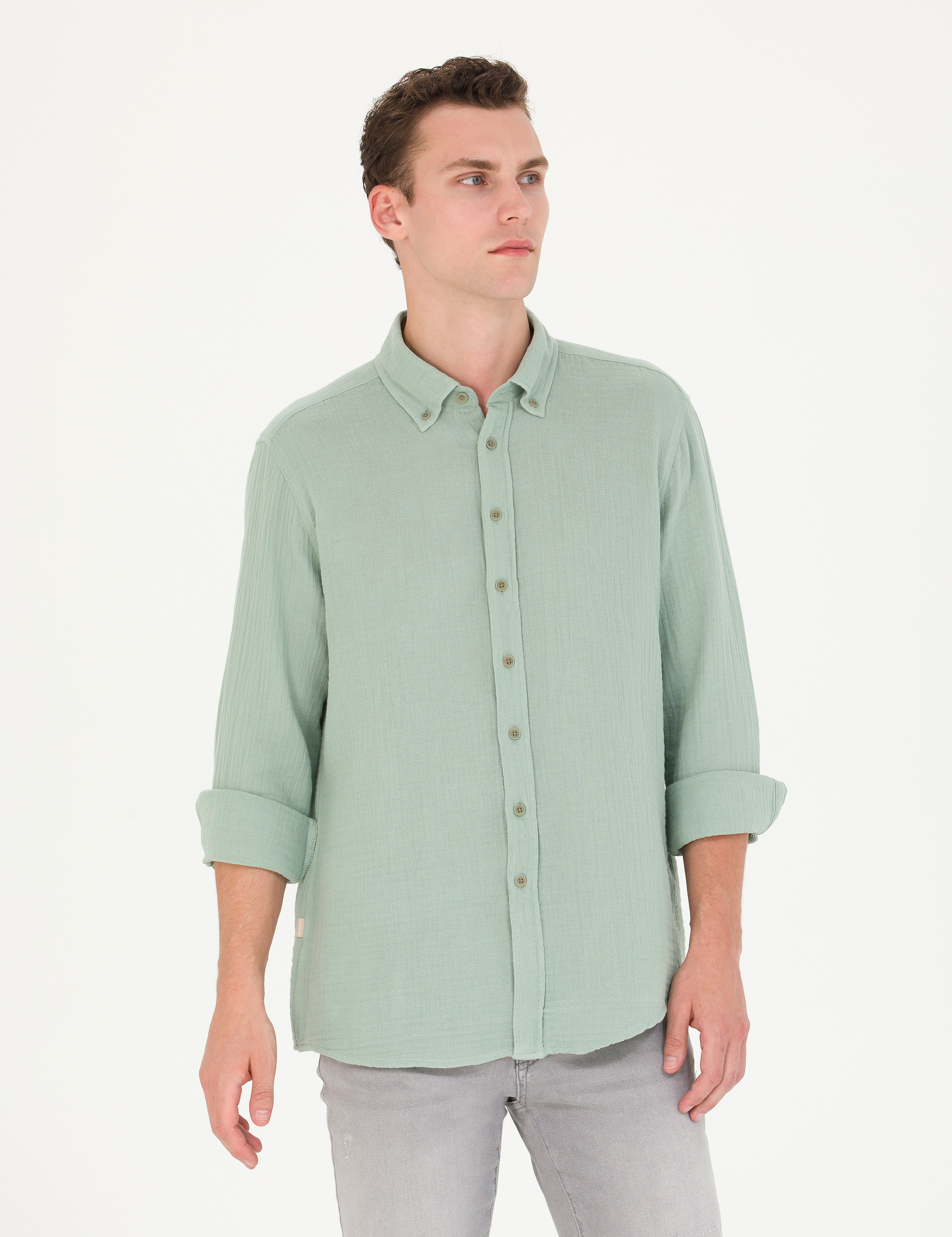 Gri Regular Fit Uzun Kollu Gömlek - Image 3
