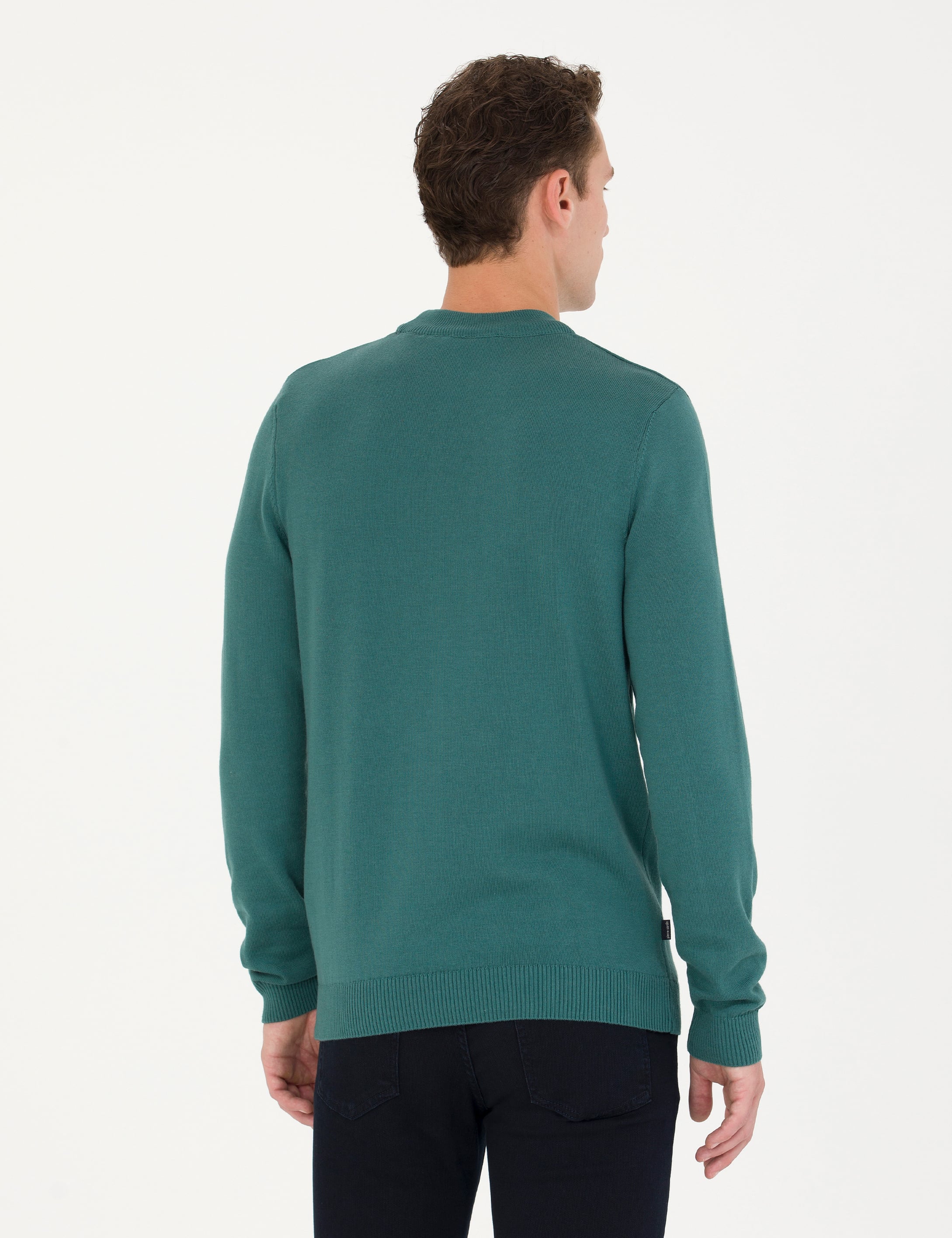 Yeşil Slim Fit Çeyrek Yaka Basic Triko Kazak